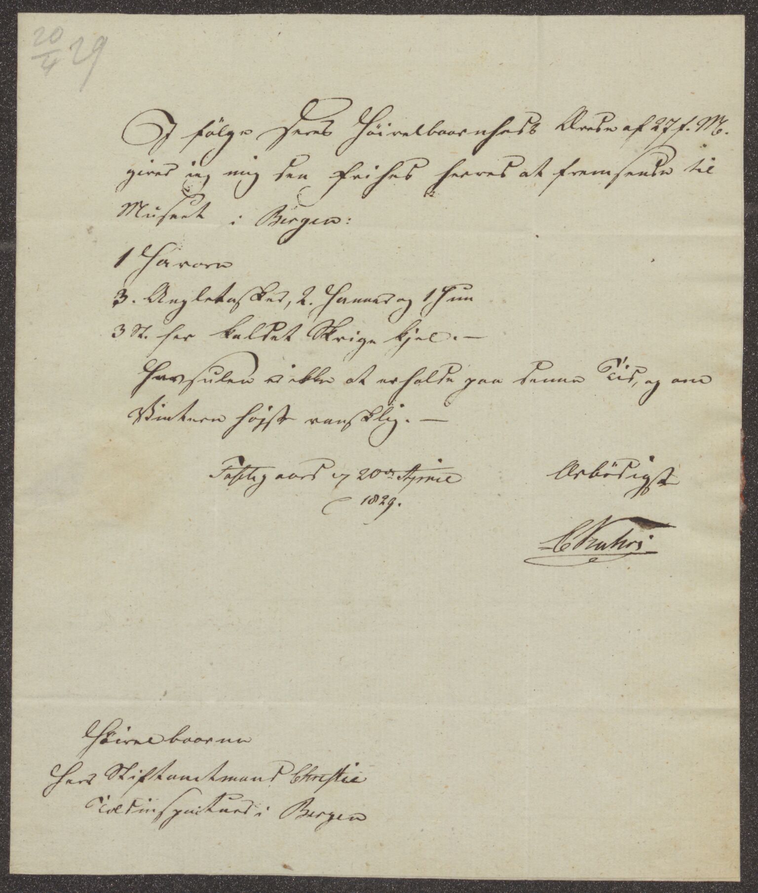 Bergens Museum, UMB/A007/D/Da/L0004/0001: Innkommende brev 1829 - 1830 / Innkommende brev 1829, 1829