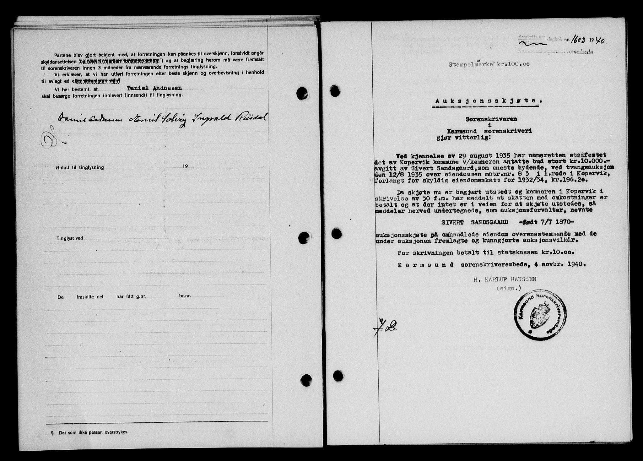 Karmsund sorenskriveri, SAST/A-100311/01/II/IIB/L0074: Pantebok nr. 55A, 1940-1941, Dagboknr: 1603/1940