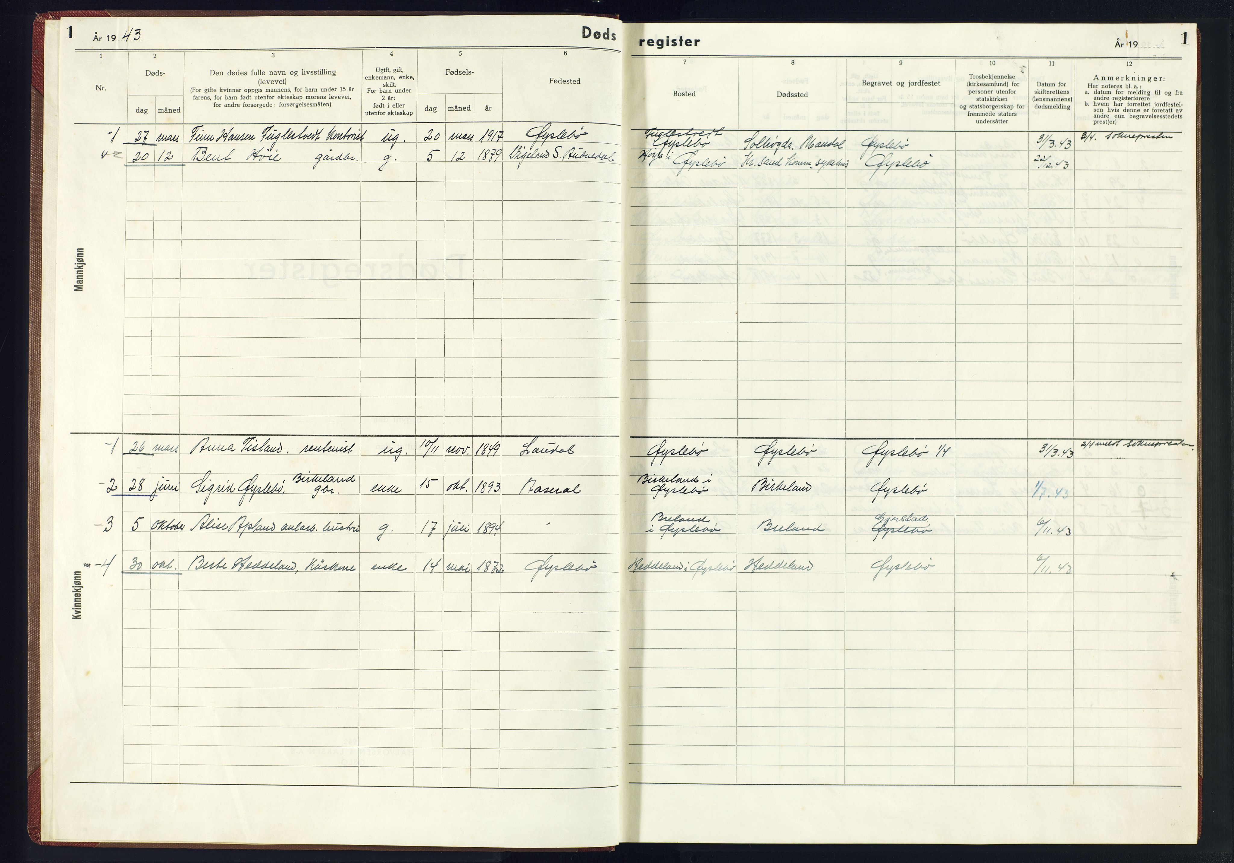 Holum sokneprestkontor, AV/SAK-1111-0022/J/Jb/L0009: II.6.9 - Dødsfallsregister Øyslebø, 1943-1945, s. 1