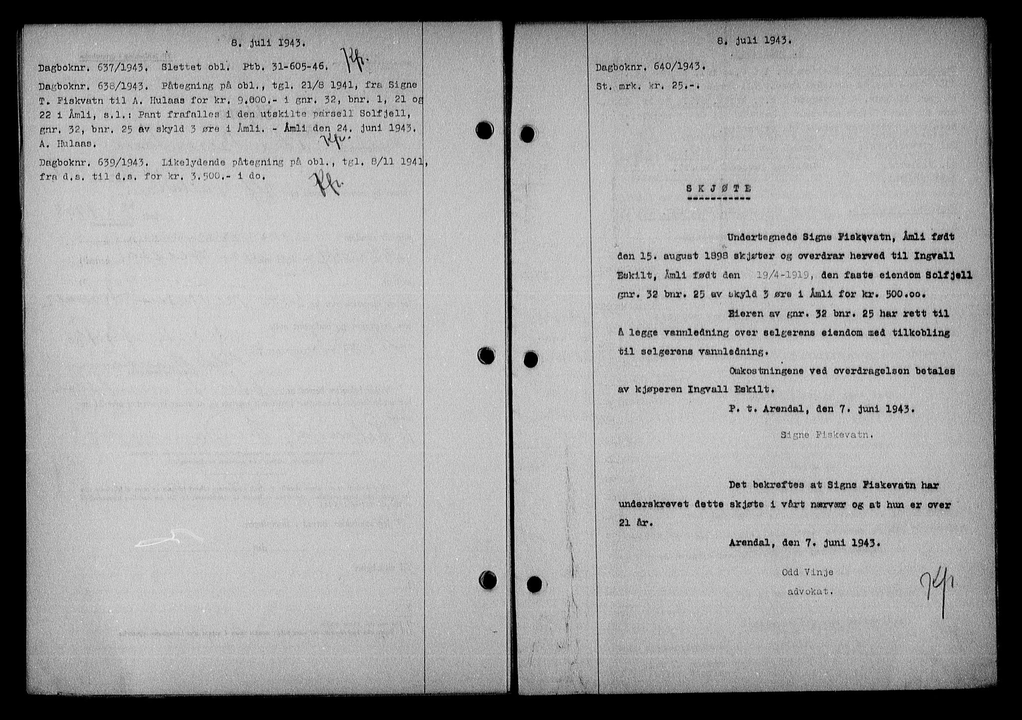 Nedenes sorenskriveri, AV/SAK-1221-0006/G/Gb/Gba/L0050: Pantebok nr. A-IV, 1942-1943, Dagboknr: 640/1943