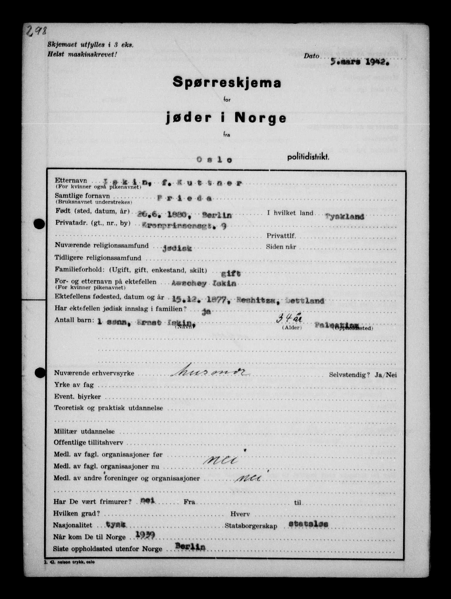 Statspolitiet - Hovedkontoret / Osloavdelingen, AV/RA-S-1329/G/Ga/L0010: Spørreskjema for jøder i Norge, Oslo Hansen-Pintzow, 1942, s. 110