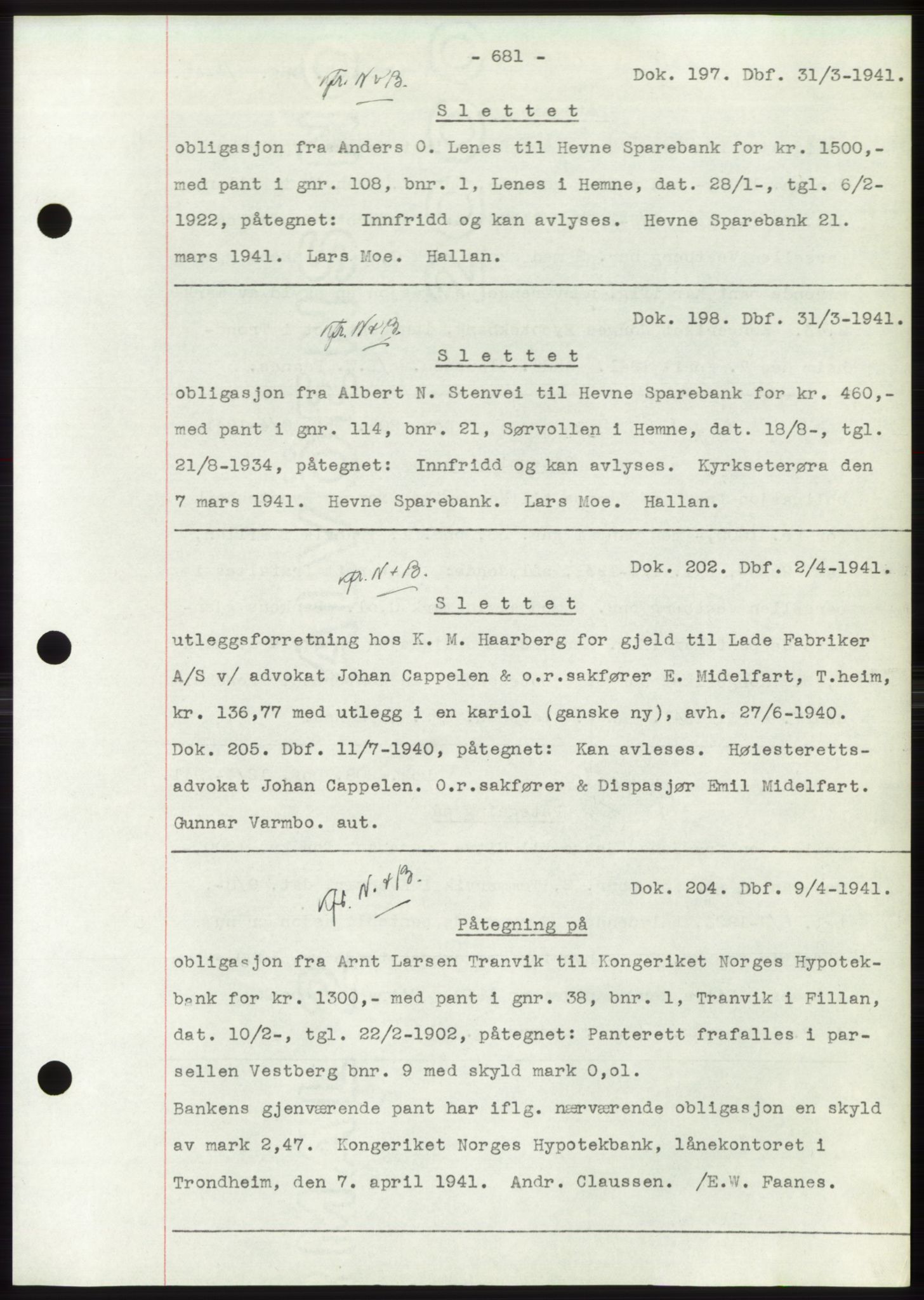 Hitra sorenskriveri, AV/SAT-A-0018/2/2C/2Ca: Pantebok nr. C1, 1936-1945, Dagboknr: 197/1941