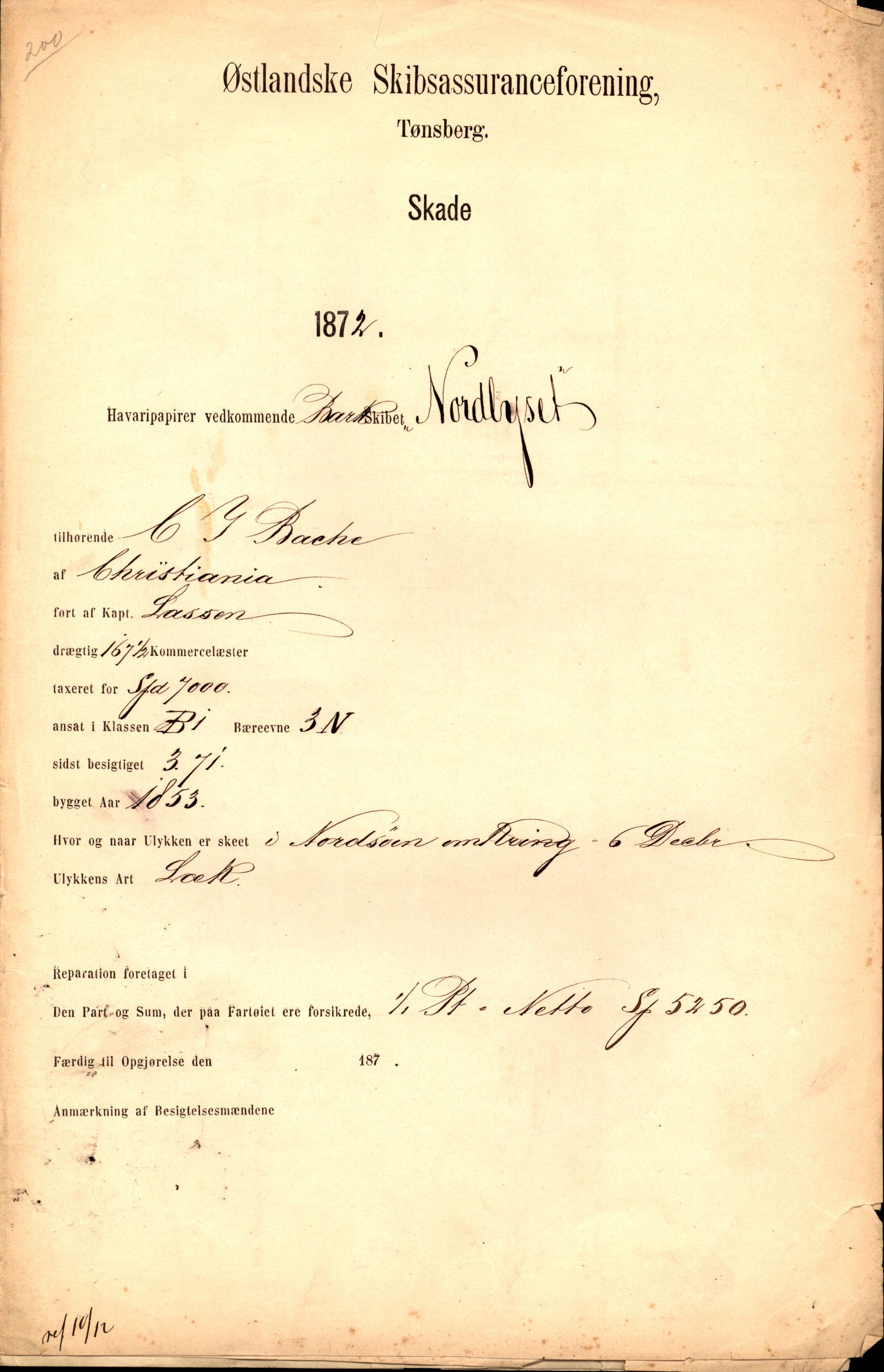 Pa 63 - Østlandske skibsassuranceforening, VEMU/A-1079/G/Ga/L0004/0009: Havaridokumenter / Nordlyset, 1872