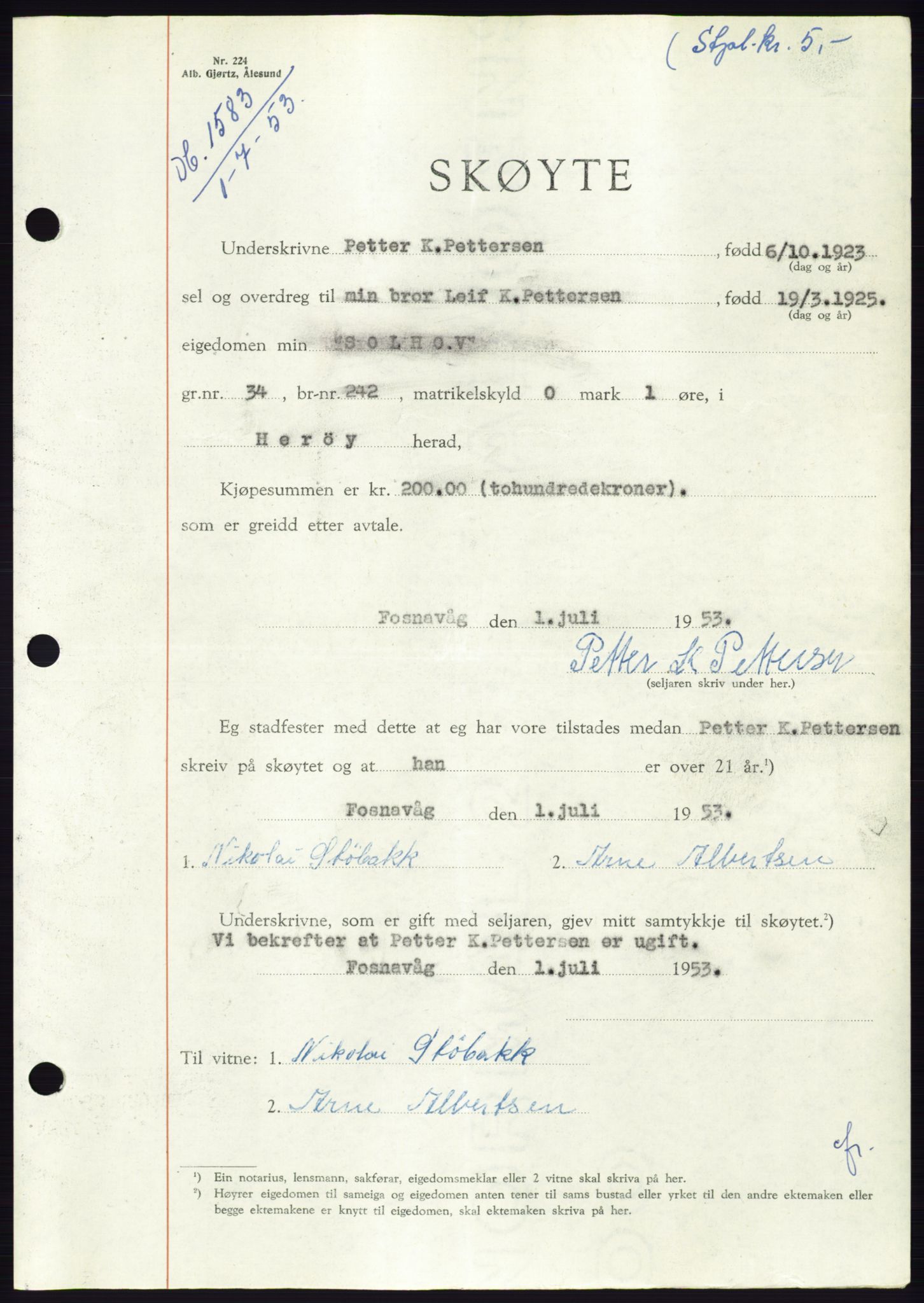 Søre Sunnmøre sorenskriveri, AV/SAT-A-4122/1/2/2C/L0095: Pantebok nr. 21A, 1953-1953, Dagboknr: 1583/1953
