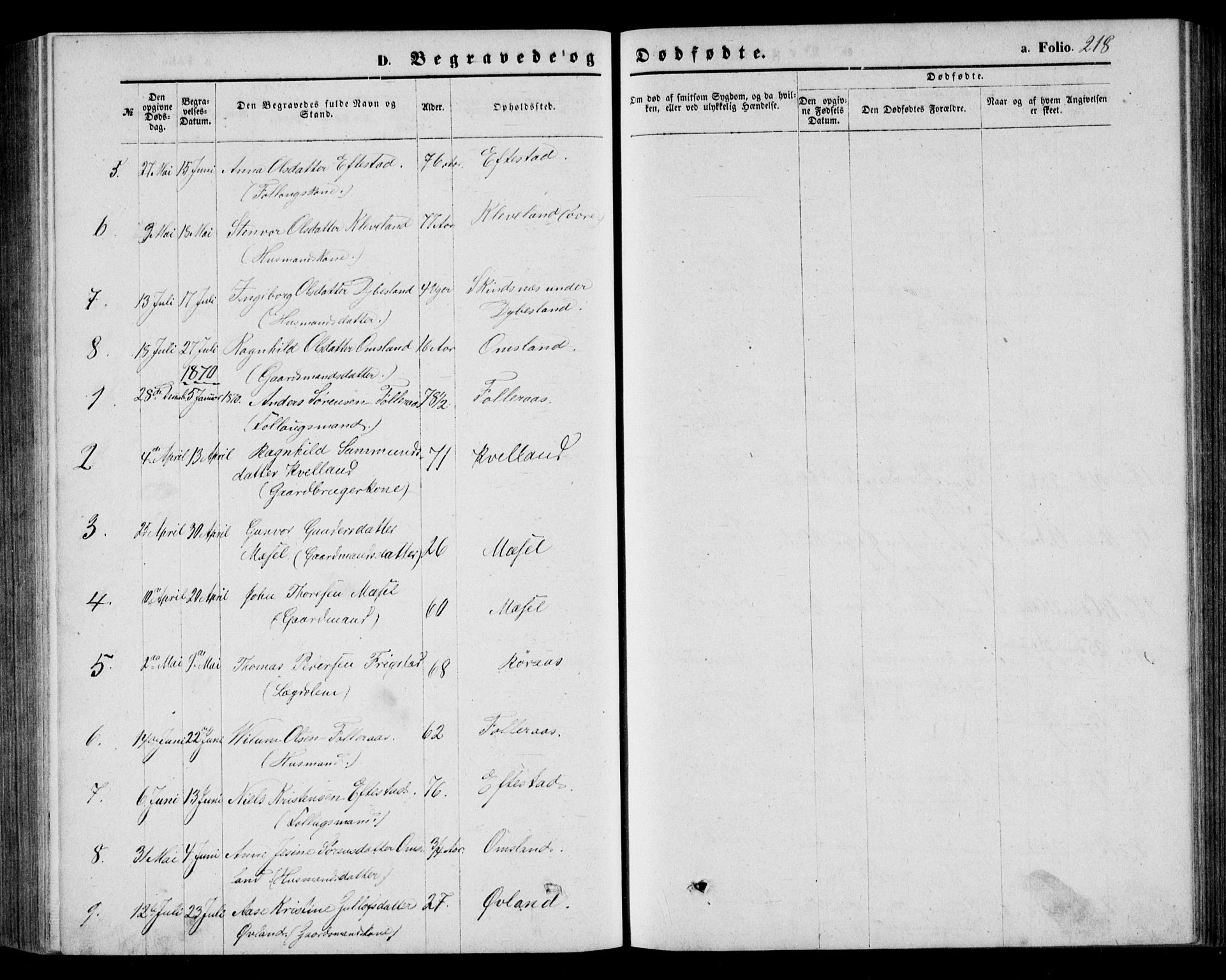 Bjelland sokneprestkontor, SAK/1111-0005/F/Fb/Fbb/L0004: Klokkerbok nr. B 4, 1867-1887, s. 218