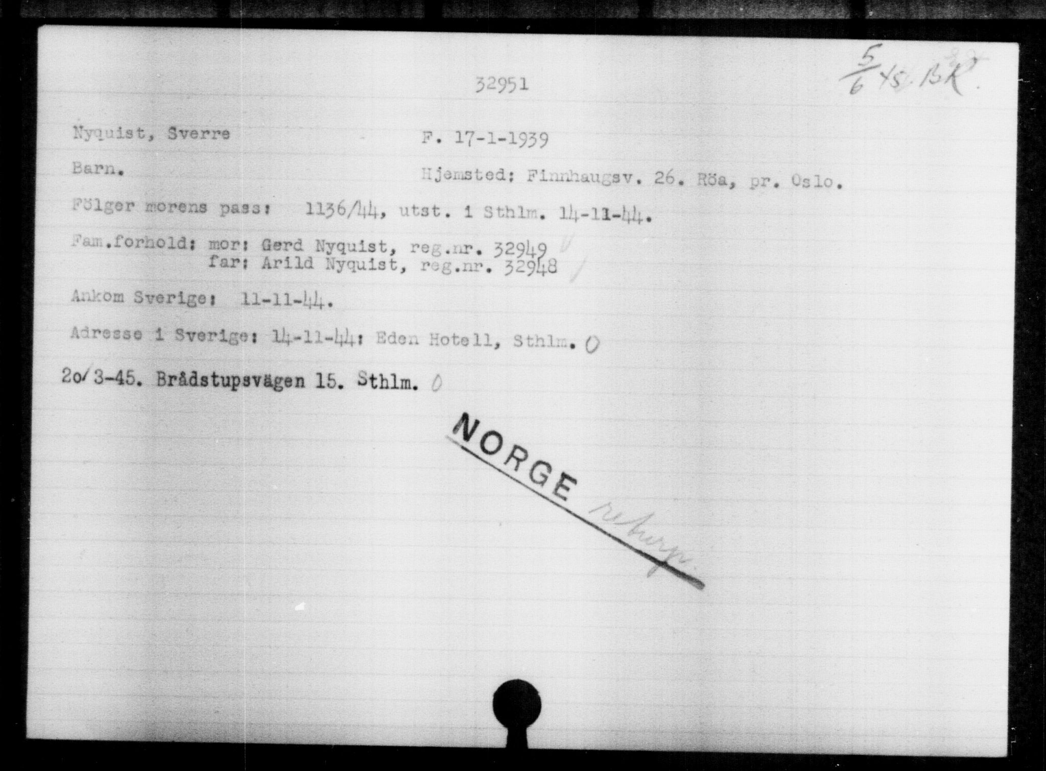 Utenriksstasjonene, Legasjonen i Stockholm, Flyktningkontoret, AV/RA-S-6753/V/Va/L0013: Kjesäterkartoteket, flyktninger med registreringsnr. 31500-34731, 1940-1945, s. 1514