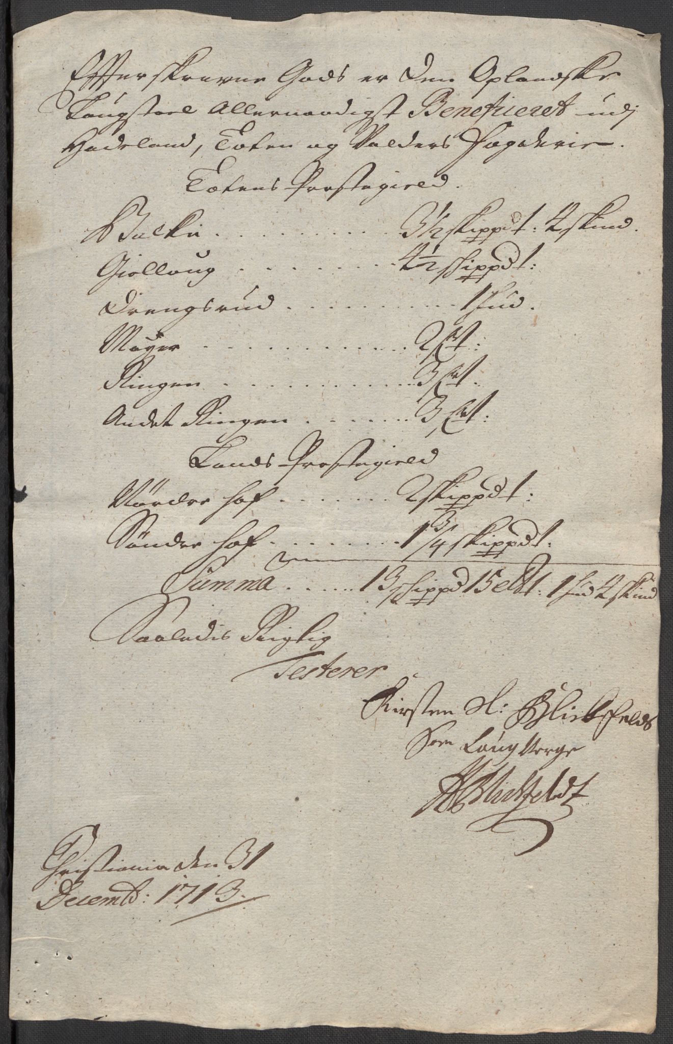 Rentekammeret inntil 1814, Reviderte regnskaper, Fogderegnskap, RA/EA-4092/R18/L1311: Fogderegnskap Hadeland, Toten og Valdres, 1713, s. 302