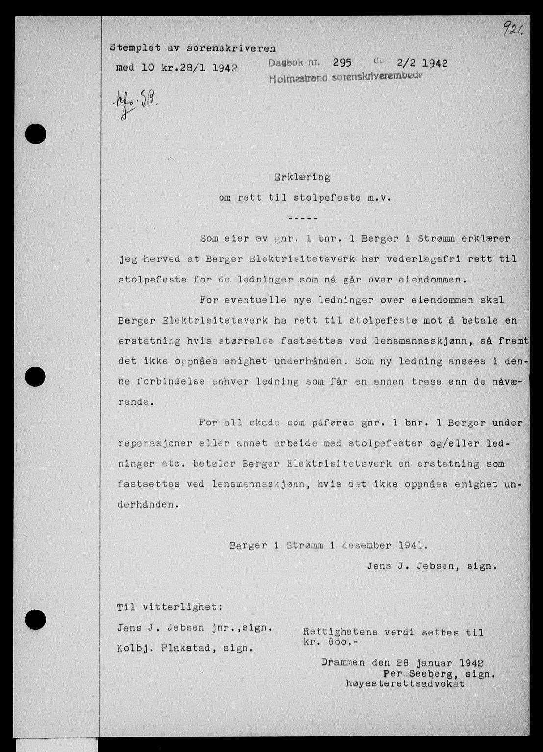 Holmestrand sorenskriveri, SAKO/A-67/G/Ga/Gaa/L0054: Pantebok nr. A-54, 1941-1942, Dagboknr: 295/1942