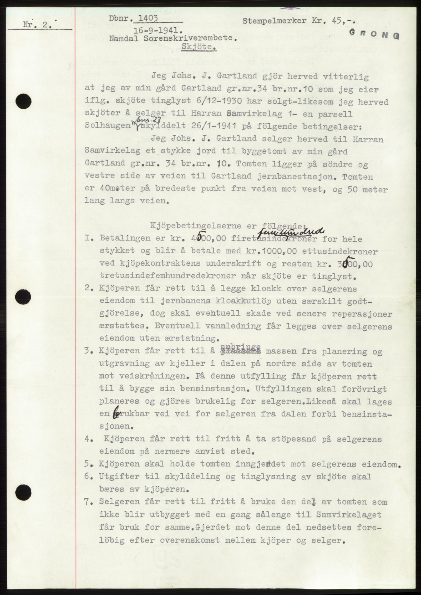 Namdal sorenskriveri, SAT/A-4133/1/2/2C: Pantebok nr. -, 1941-1942, Dagboknr: 1403/1941