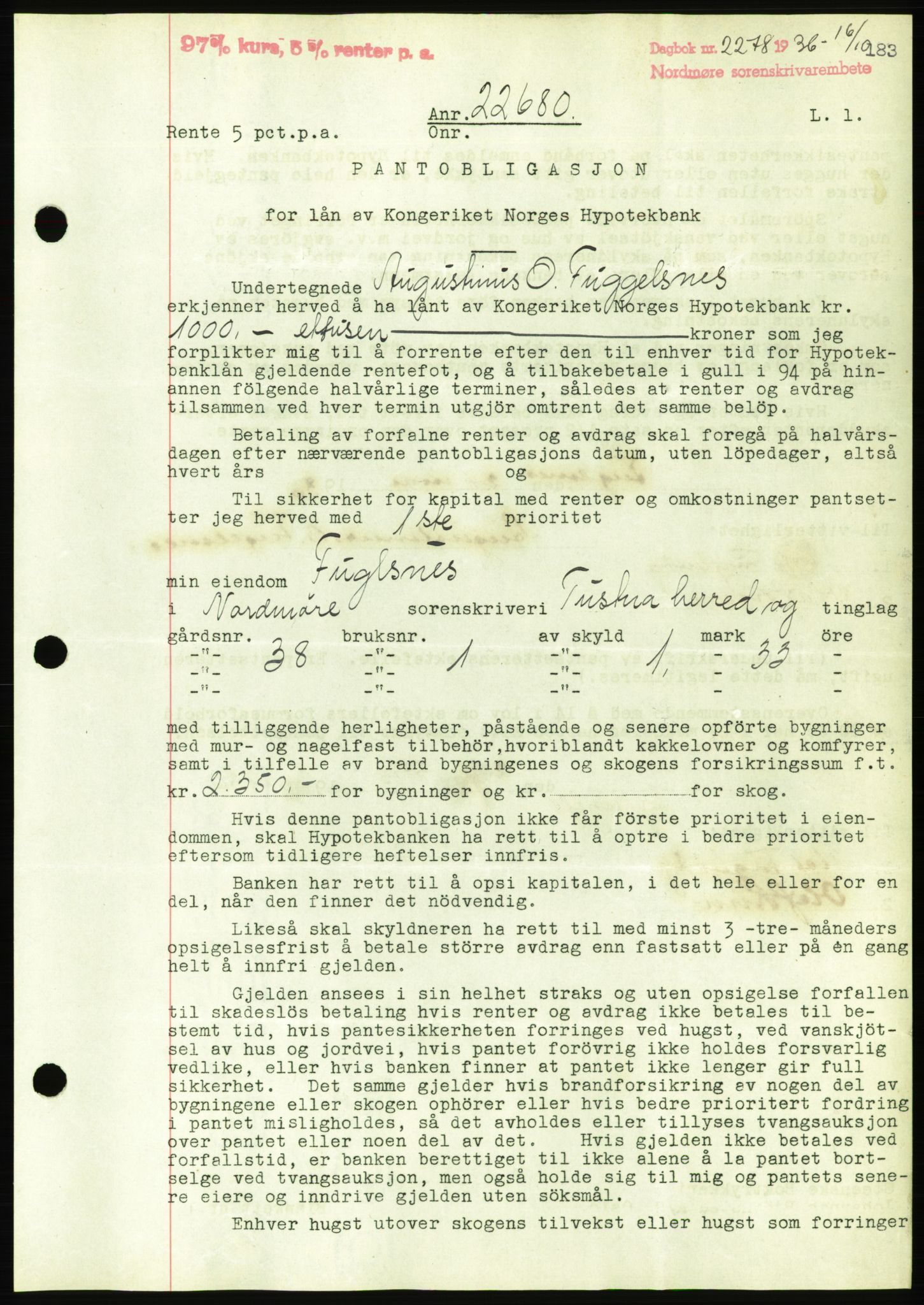 Nordmøre sorenskriveri, AV/SAT-A-4132/1/2/2Ca/L0090: Pantebok nr. B80, 1936-1937, Dagboknr: 2278/1936