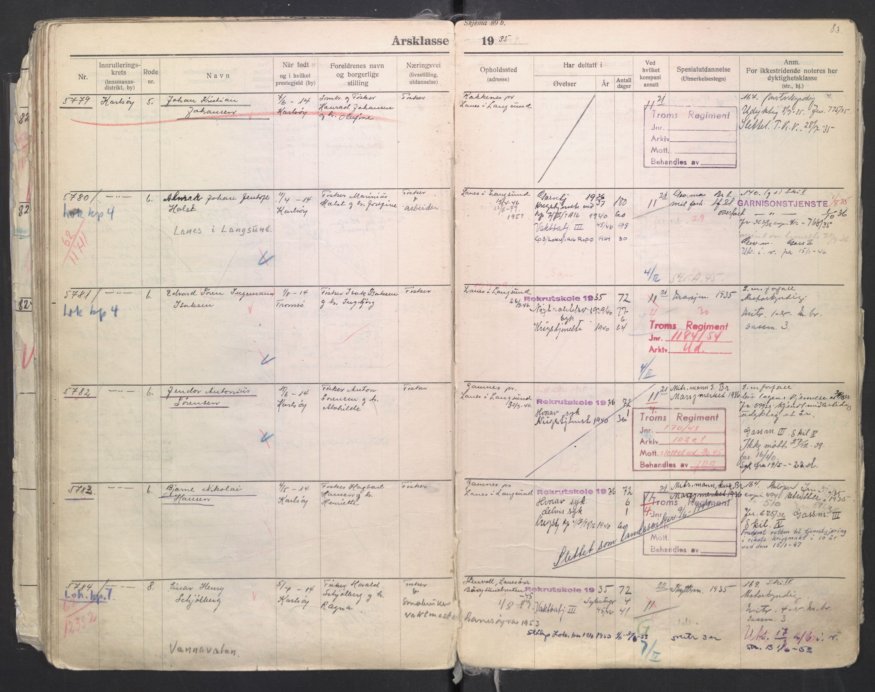 Forsvaret, Troms infanteriregiment nr. 16, AV/RA-RAFA-3146/P/Pa/L0006/0008: Ruller / Rulle for regimentets menige mannskaper, årsklasse 1935, 1935, s. 83