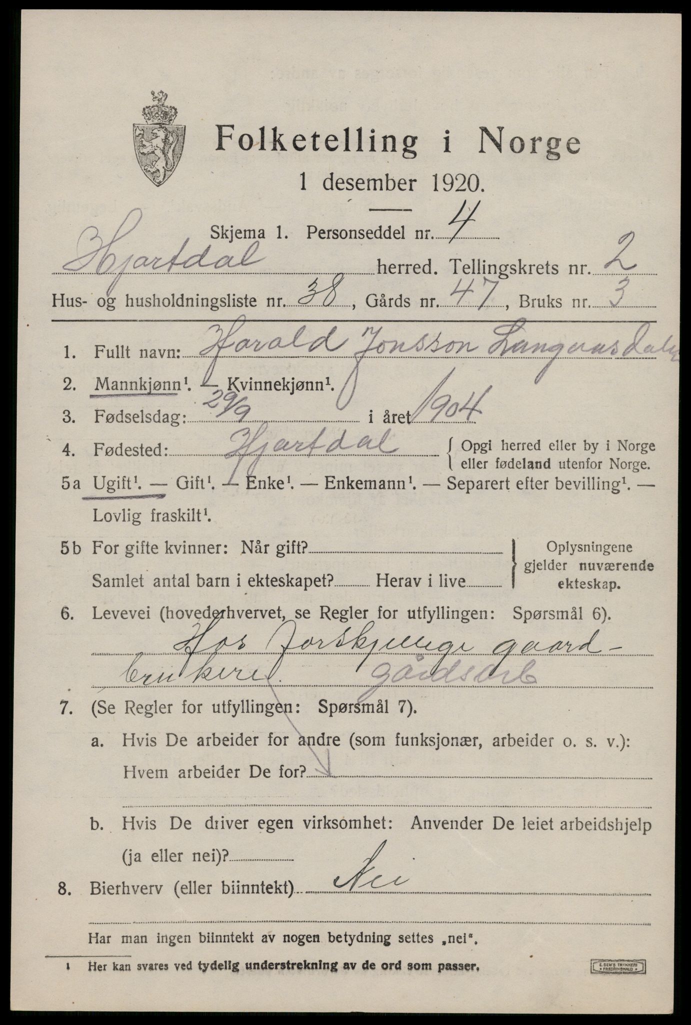 SAKO, Folketelling 1920 for 0827 Hjartdal herred, 1920, s. 2224