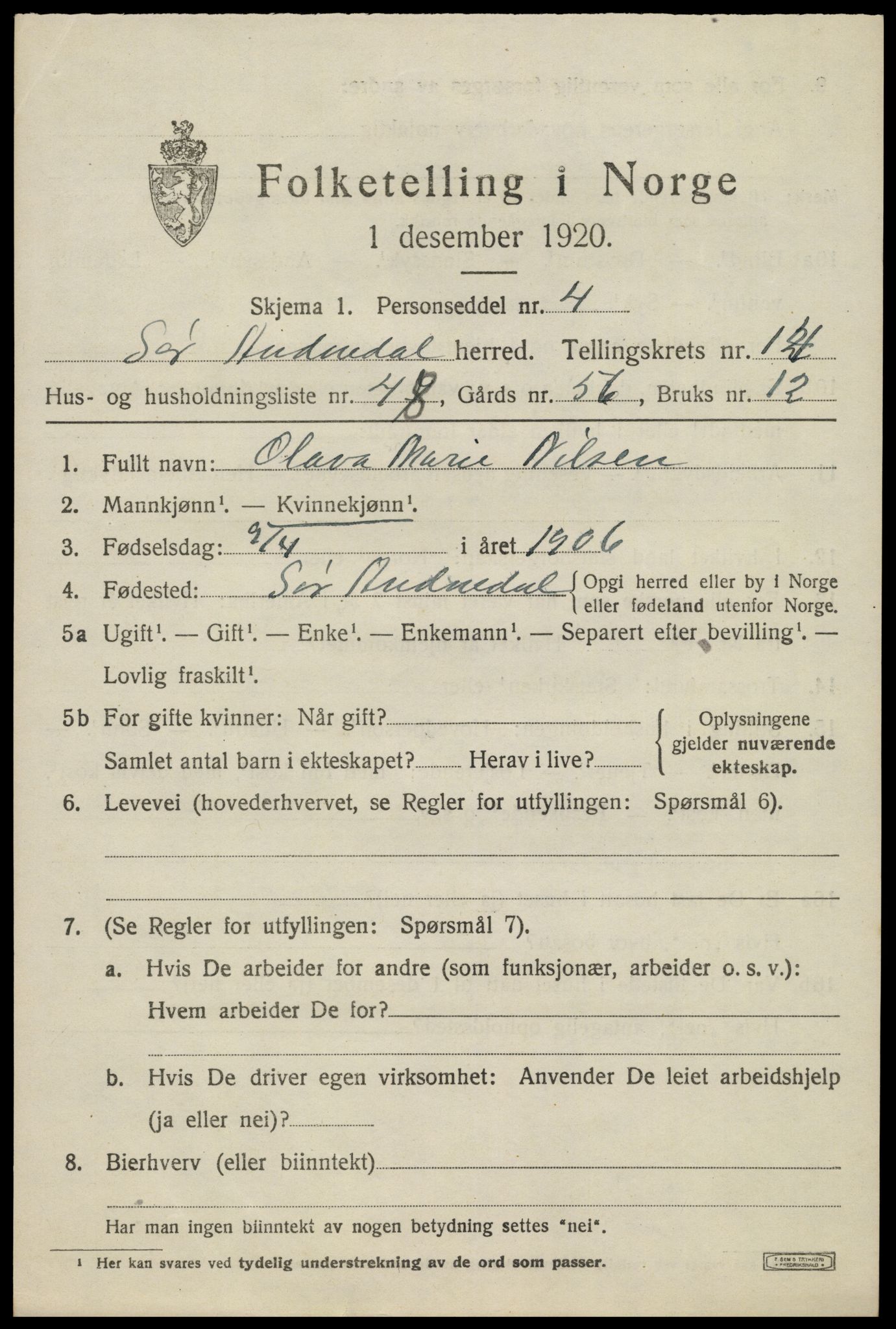 SAK, Folketelling 1920 for 1029 Sør-Audnedal herred, 1920, s. 5623