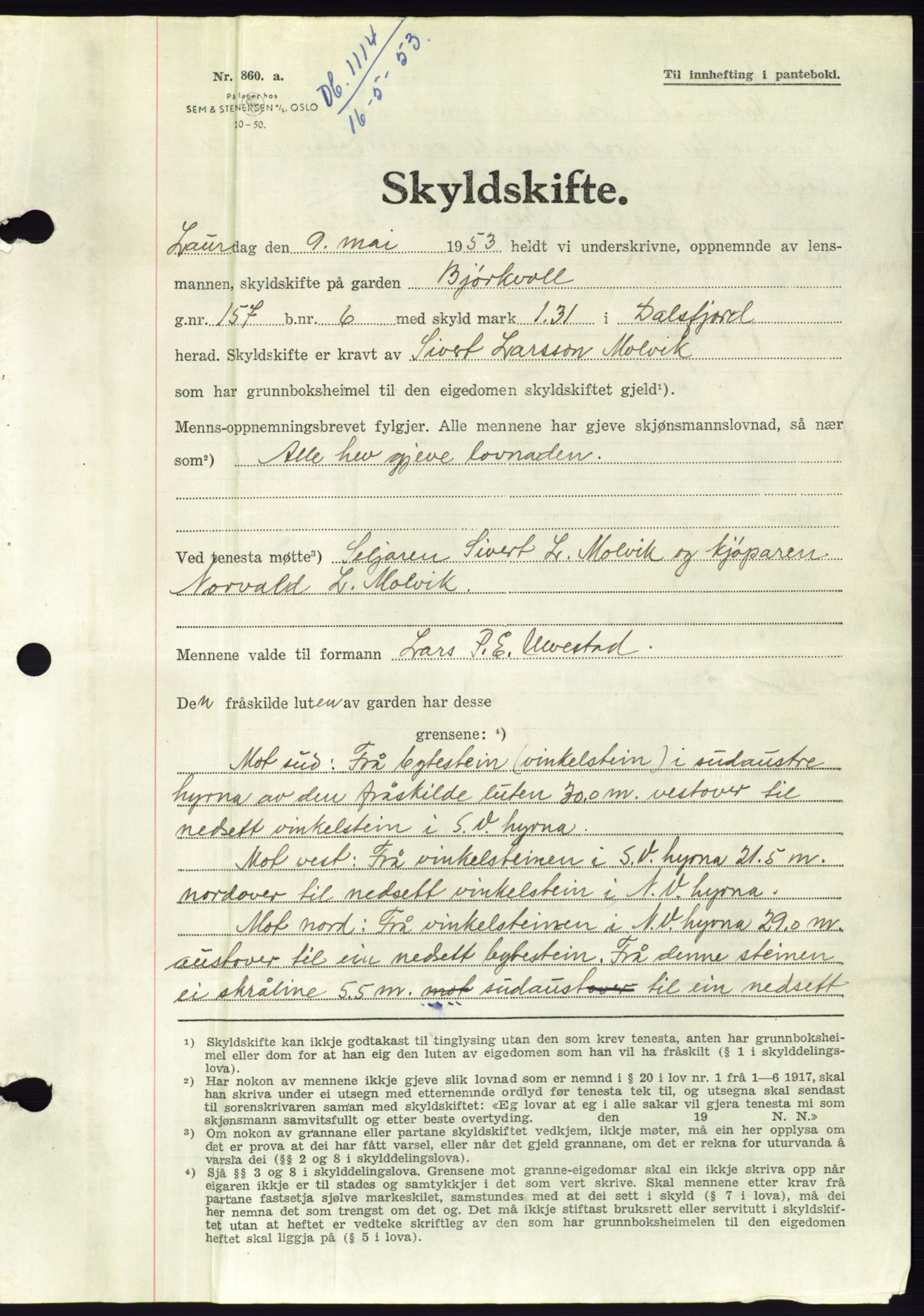 Søre Sunnmøre sorenskriveri, AV/SAT-A-4122/1/2/2C/L0095: Pantebok nr. 21A, 1953-1953, Dagboknr: 1114/1953