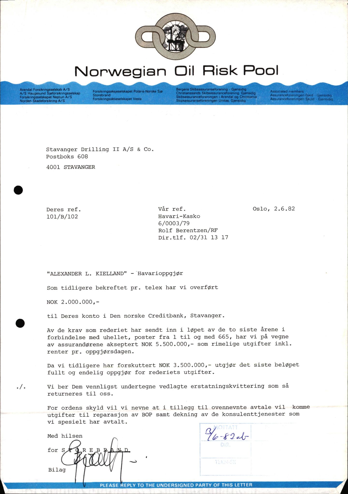 Pa 1503 - Stavanger Drilling AS, AV/SAST-A-101906/2/E/Eb/Eba/L0024: Alexander L. Kielland forsikring, 1974-1983
