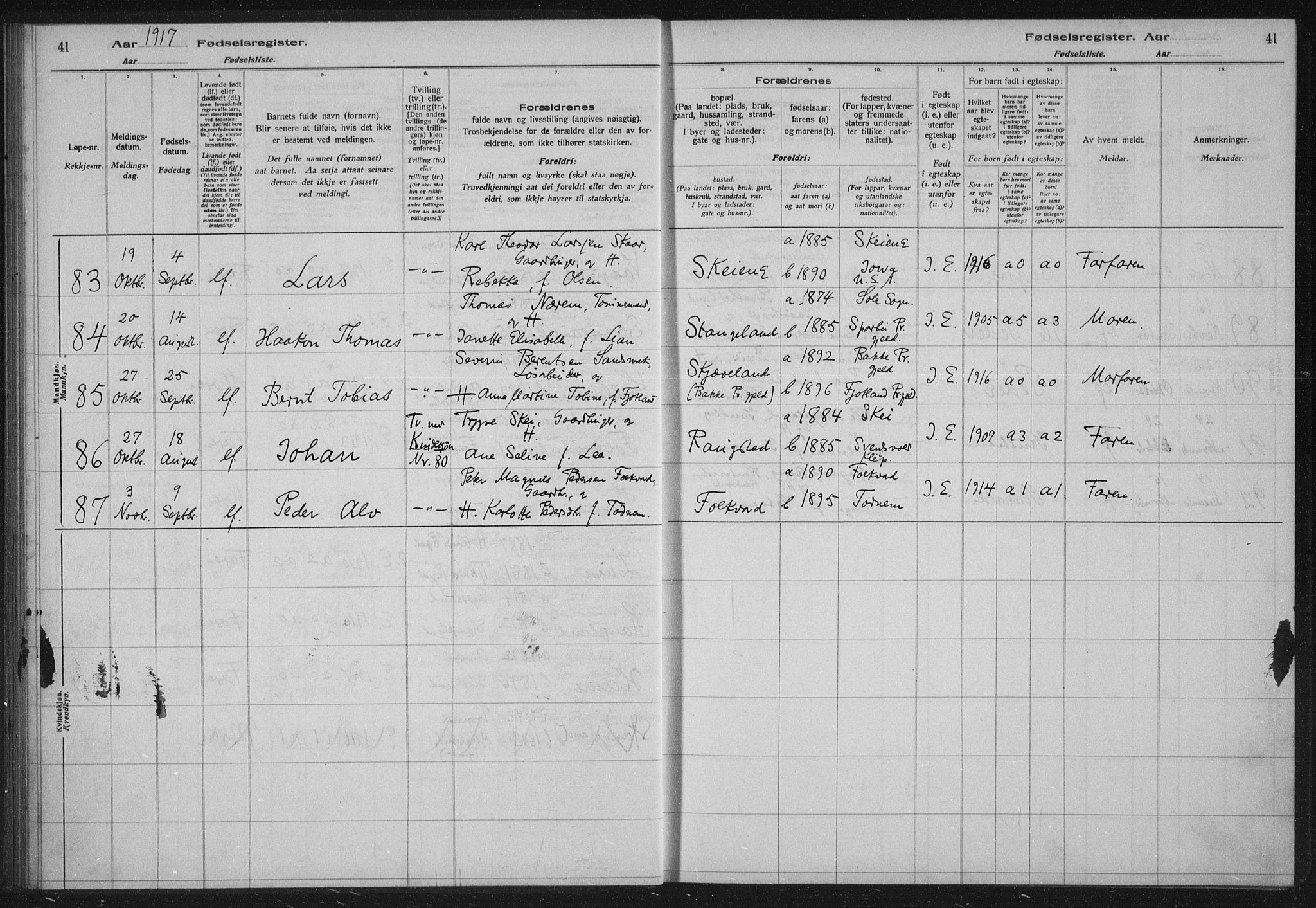 Høyland sokneprestkontor, AV/SAST-A-101799/002/O/L0001: Fødselsregister nr. 1, 1916-1924, s. 41