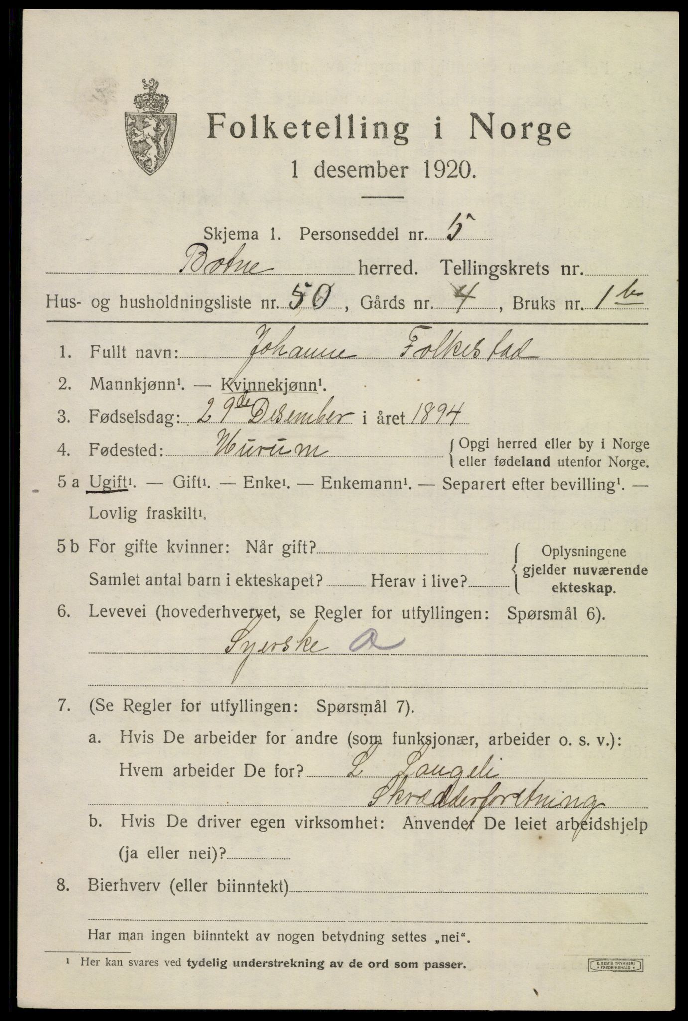 SAKO, Folketelling 1920 for 0715 Botne herred, 1920, s. 2945