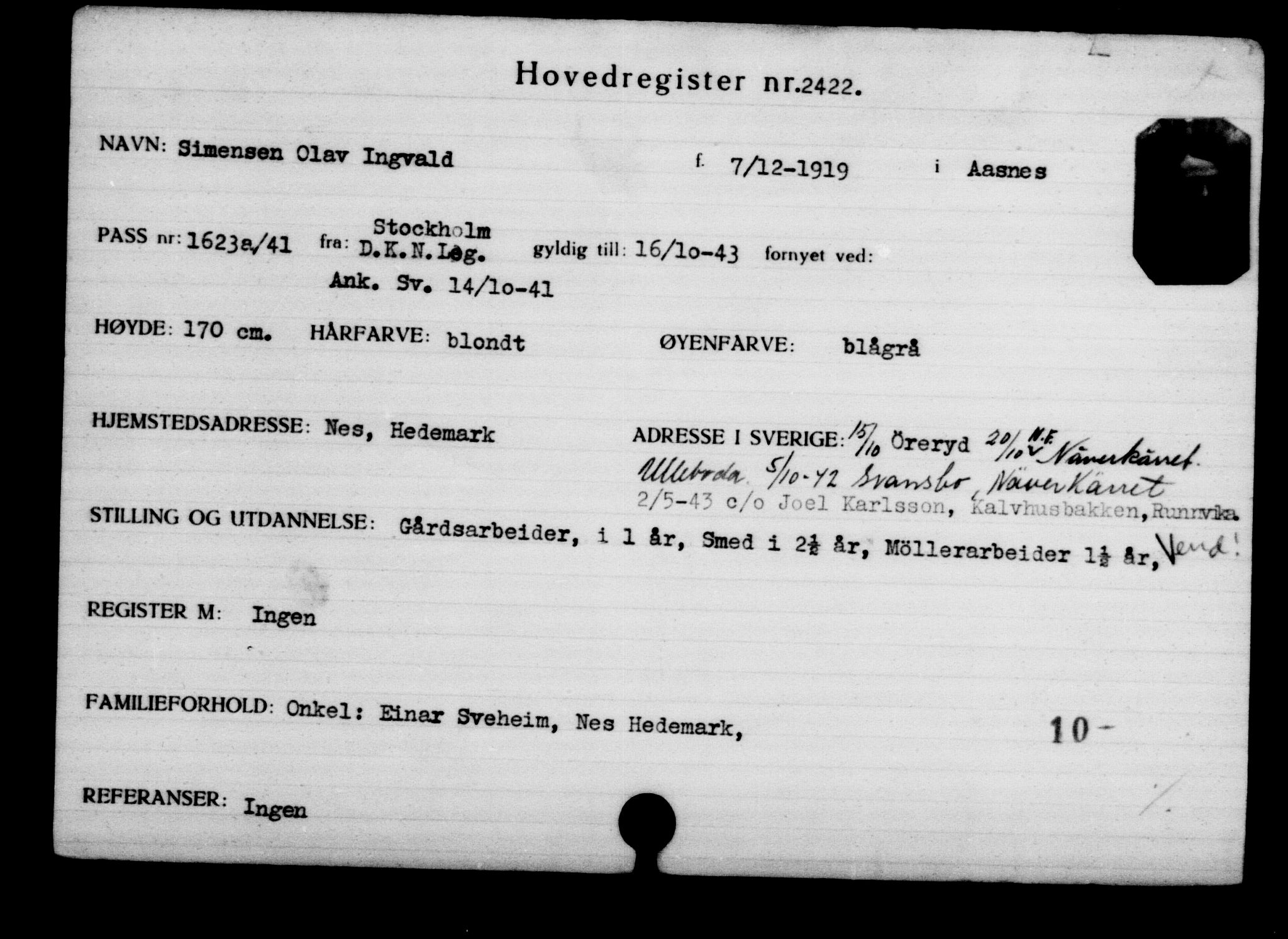 Utenriksstasjonene, Legasjonen i Stockholm, Flyktningkontoret, AV/RA-S-6753/V/Va/L0003: Kjesäterkartoteket, flyktninger med registreringsnr. 2001-3495, 1940-1945, s. 749