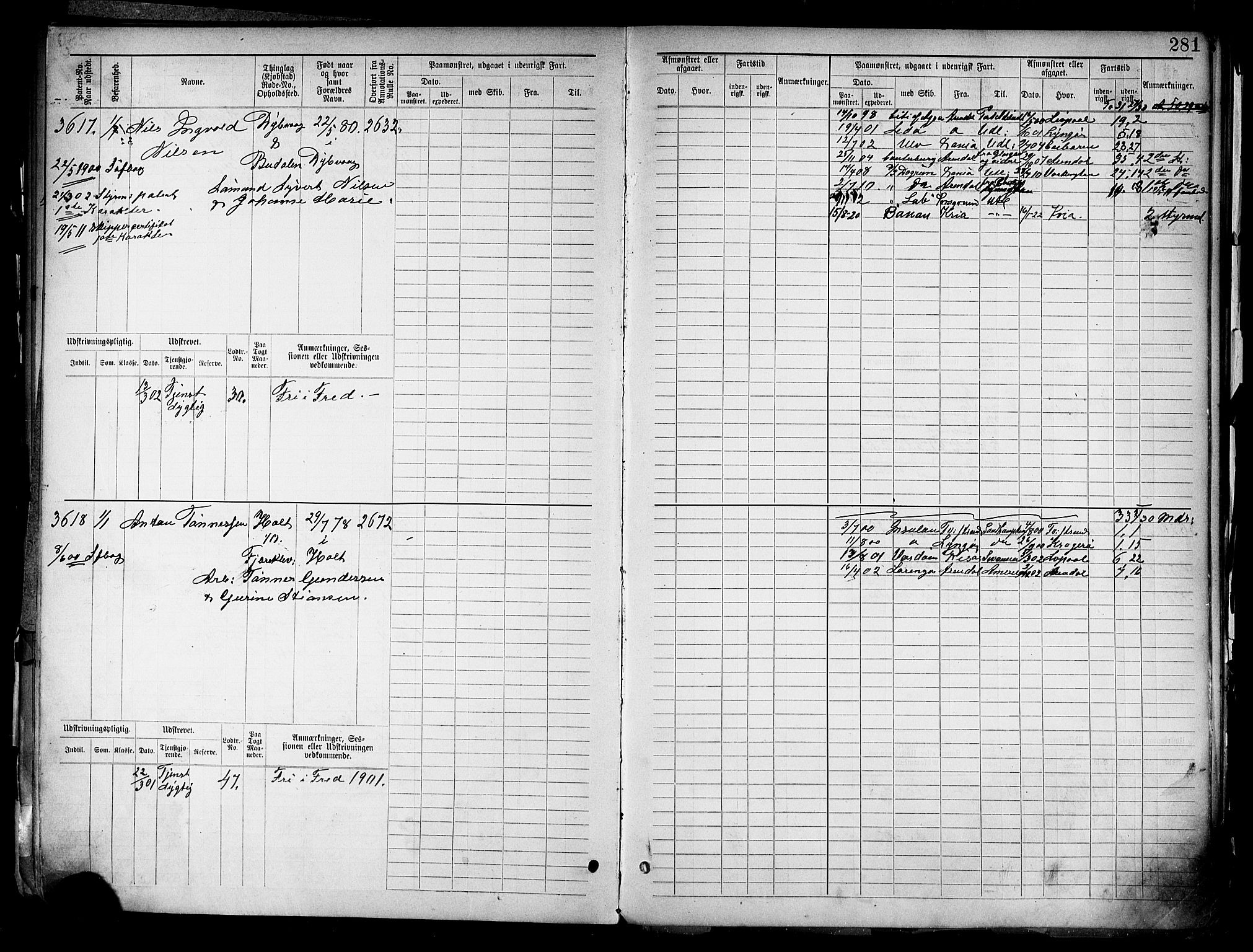 Tvedestrand mønstringskrets, AV/SAK-2031-0011/F/Fb/L0019: Hovedrulle nr 3057-3818, U-35, 1892-1906, s. 289