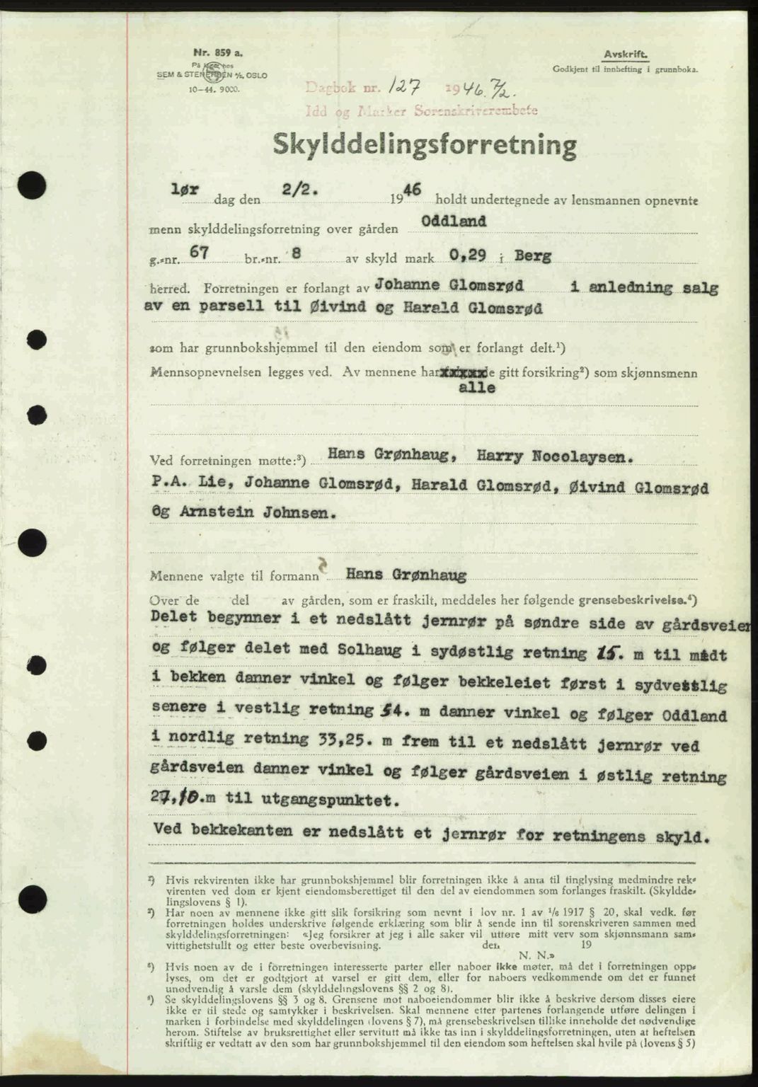 Idd og Marker sorenskriveri, SAO/A-10283/G/Gb/Gbb/L0008: Pantebok nr. A8, 1946-1946, Dagboknr: 127/1946