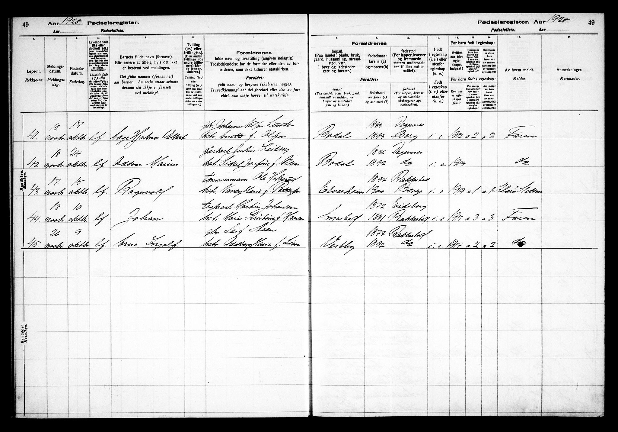 Rakkestad prestekontor Kirkebøker, AV/SAO-A-2008/J/Ja/L0001: Fødselsregister nr. I 1, 1916-1936, s. 49