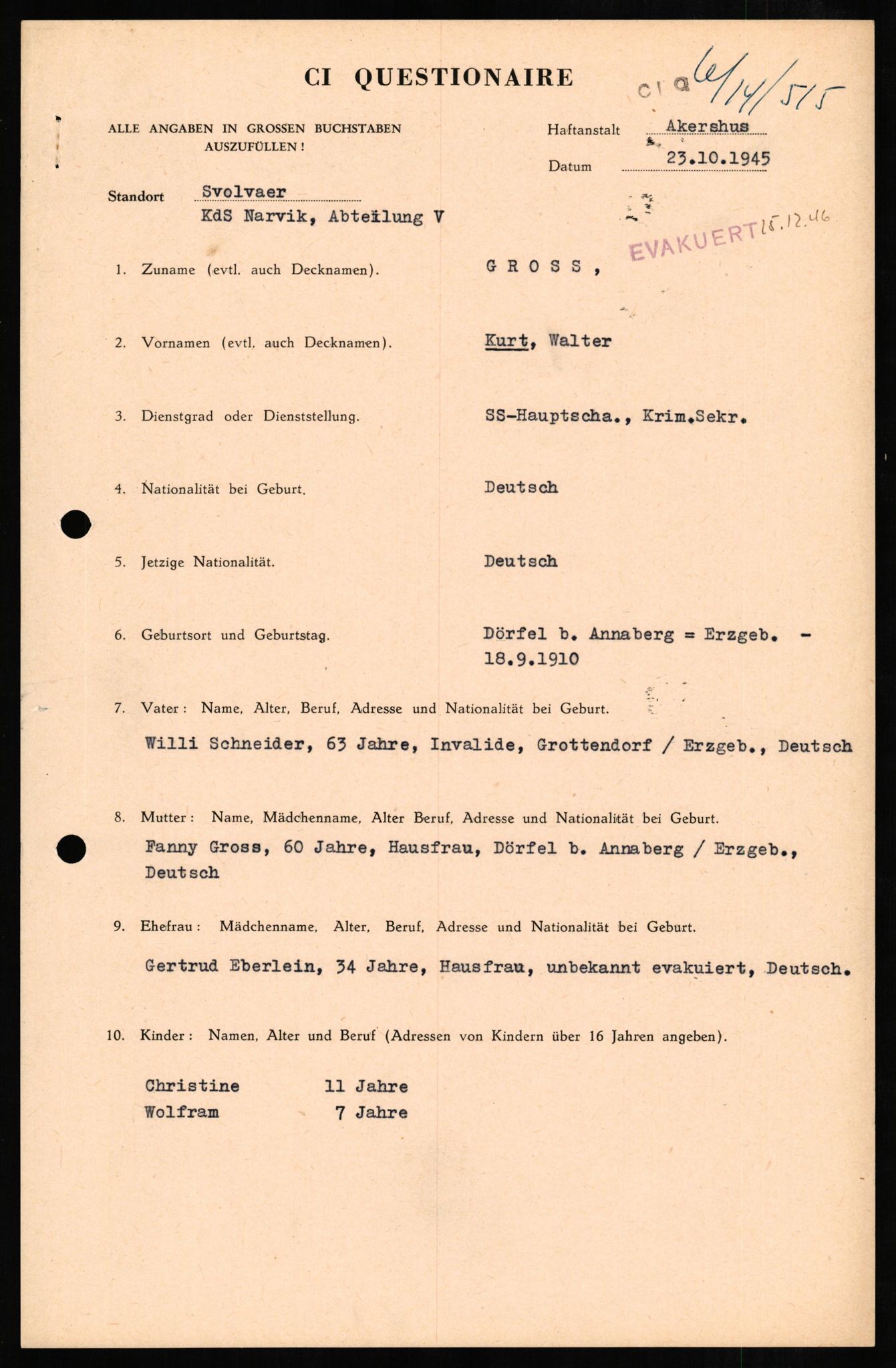 Forsvaret, Forsvarets overkommando II, AV/RA-RAFA-3915/D/Db/L0010: CI Questionaires. Tyske okkupasjonsstyrker i Norge. Tyskere., 1945-1946, s. 257