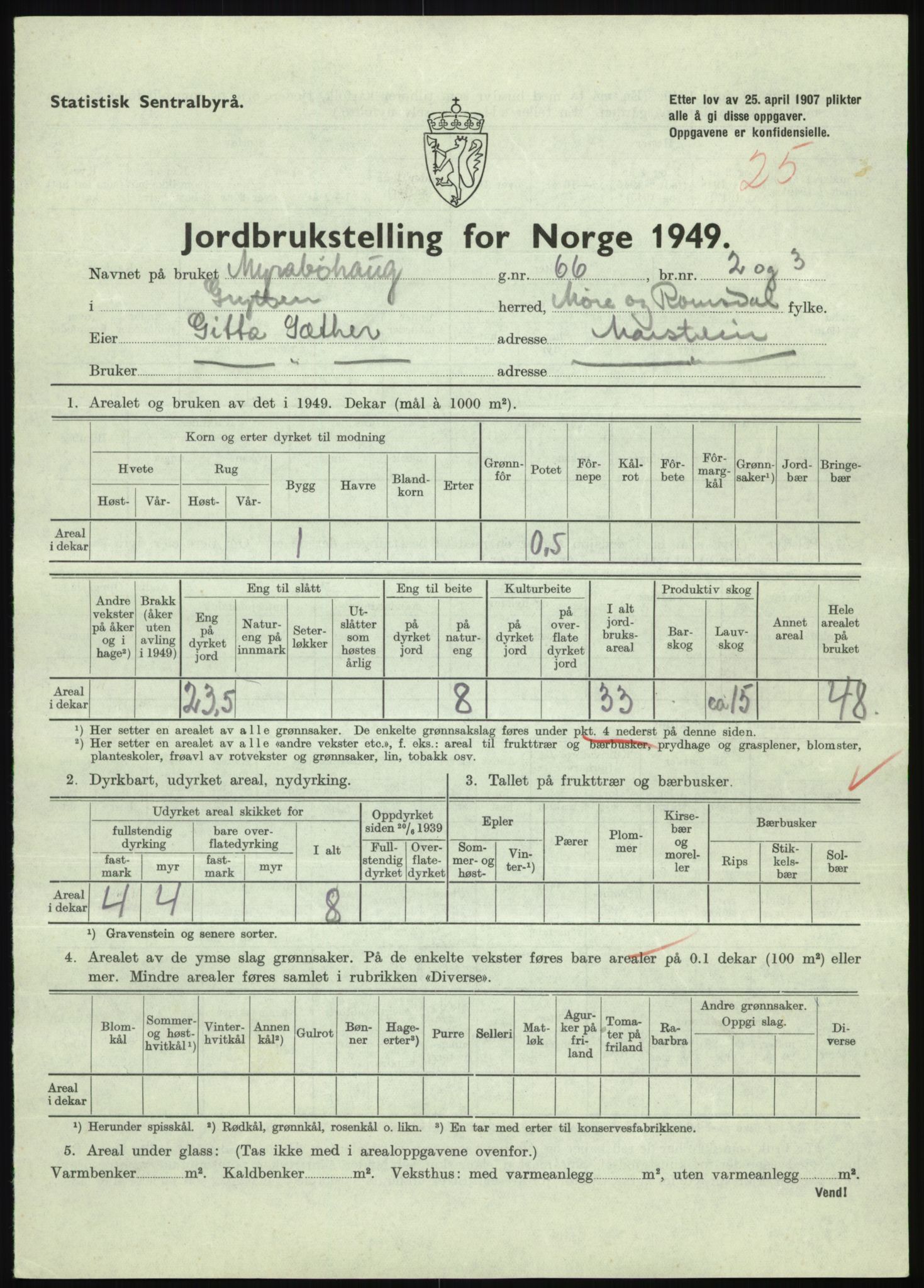 Statistisk sentralbyrå, Næringsøkonomiske emner, Jordbruk, skogbruk, jakt, fiske og fangst, AV/RA-S-2234/G/Gc/L0323: Møre og Romsdal: Grytten og Hen, 1949, s. 135