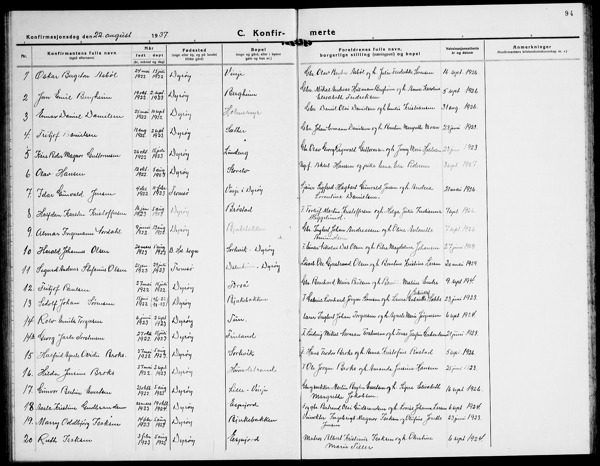 Tranøy sokneprestkontor, AV/SATØ-S-1313/I/Ia/Iab/L0016klokker: Klokkerbok nr. 16, 1930-1945, s. 94