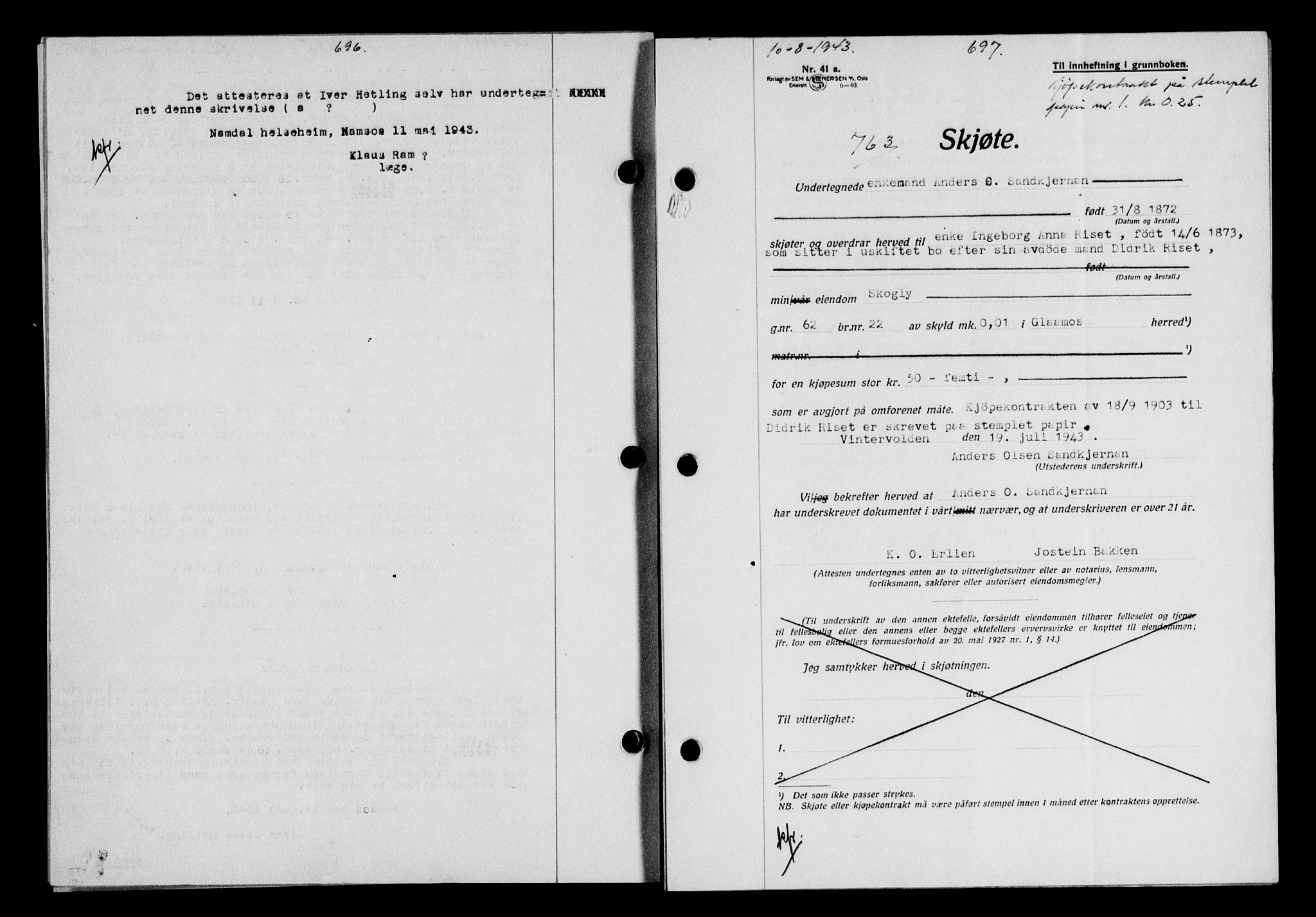 Gauldal sorenskriveri, SAT/A-0014/1/2/2C/L0056: Pantebok nr. 61, 1942-1943, Dagboknr: 763/1943