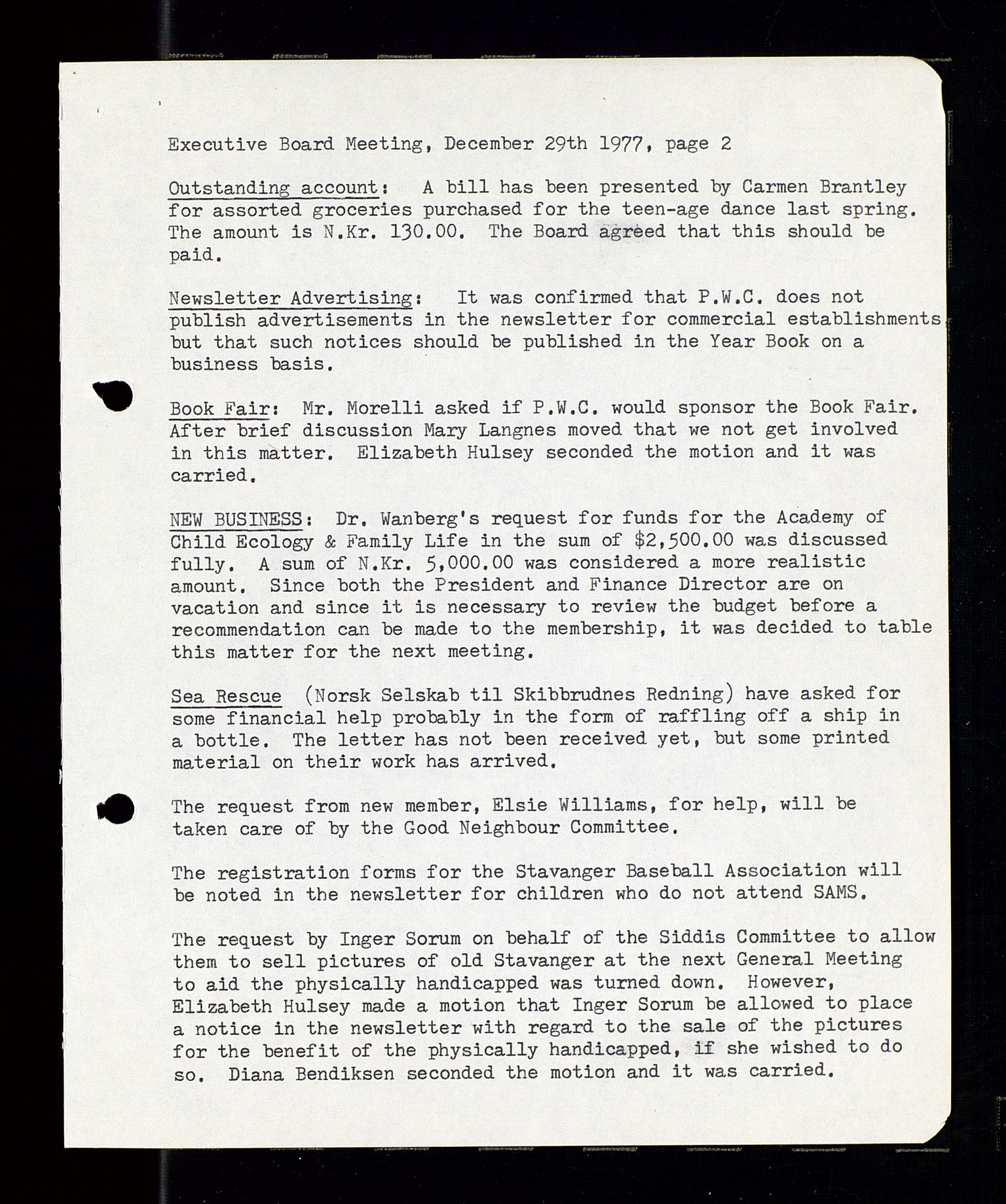 PA 1547 - Petroleum Wives Club, SAST/A-101974/A/Aa/L0001: Board and General Meeting, 1970-1983
