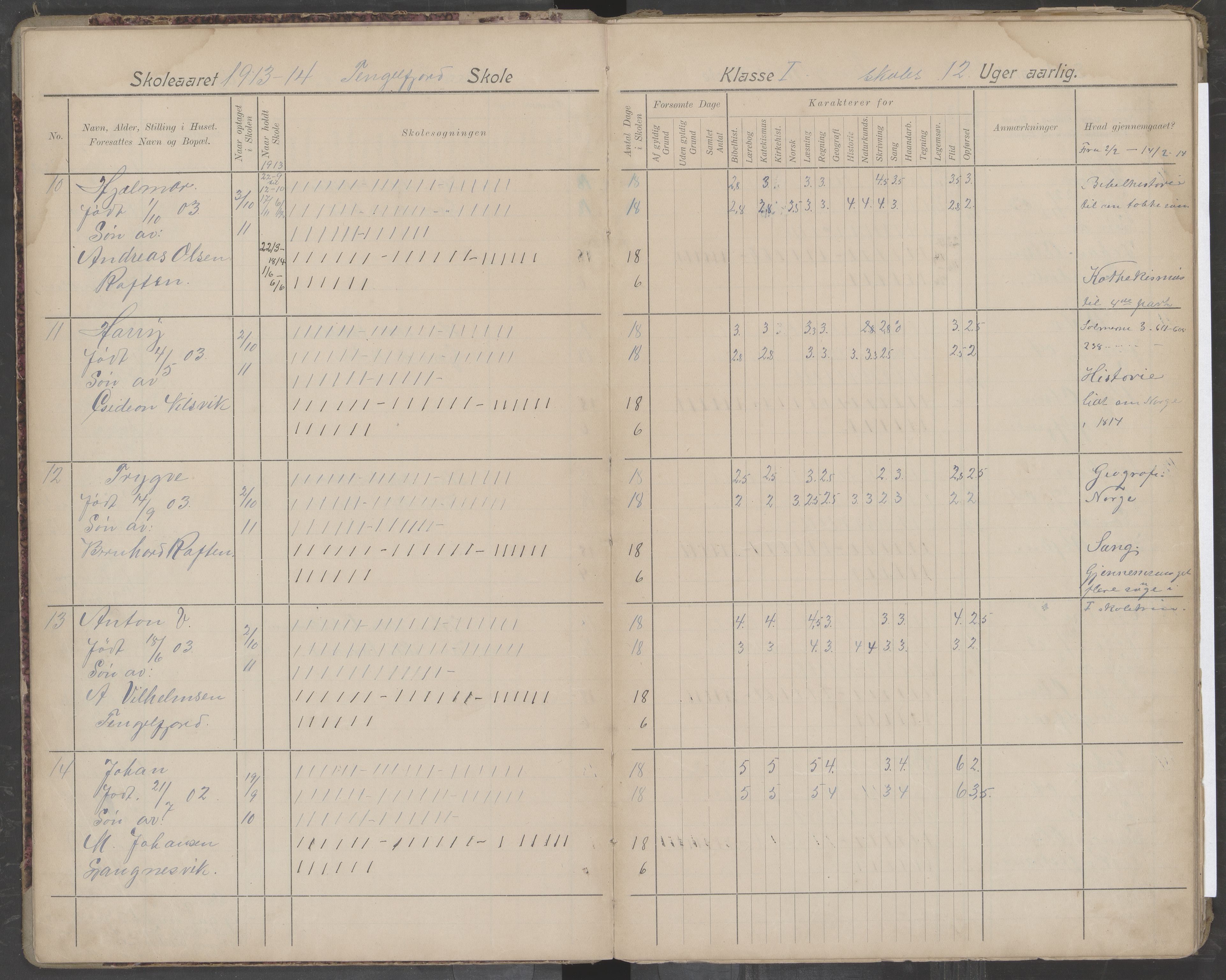 Hadsel kommune. Tengelfjord skolekrets, AIN/K-18660.510.04/G/L0002: Skoleprotokoll for Tengelfjord skole, 1913-1920