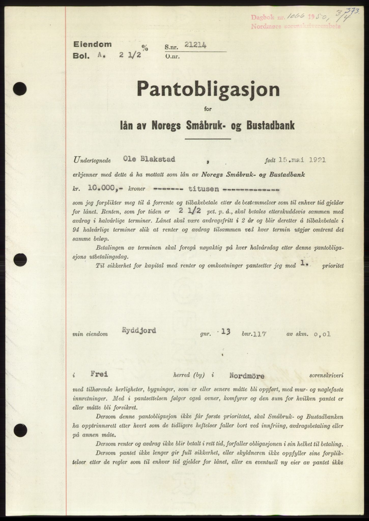 Nordmøre sorenskriveri, SAT/A-4132/1/2/2Ca: Pantebok nr. B104, 1950-1950, Dagboknr: 1066/1950