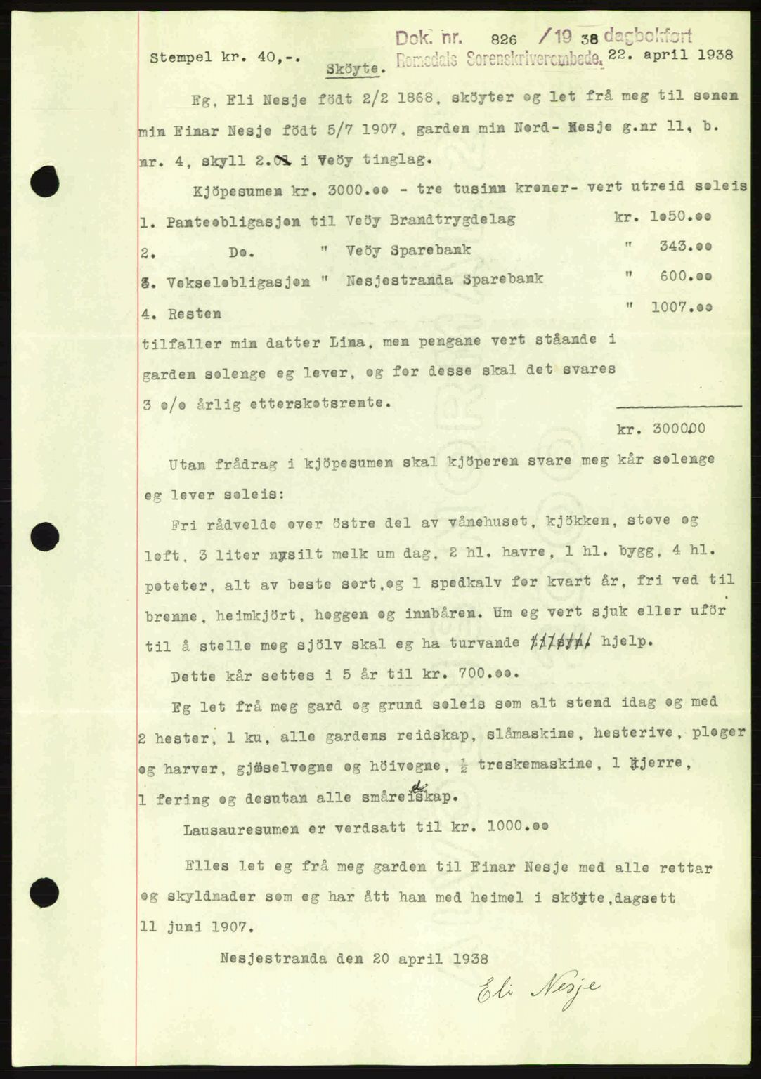 Romsdal sorenskriveri, SAT/A-4149/1/2/2C: Pantebok nr. A5, 1938-1938, Dagboknr: 826/1938