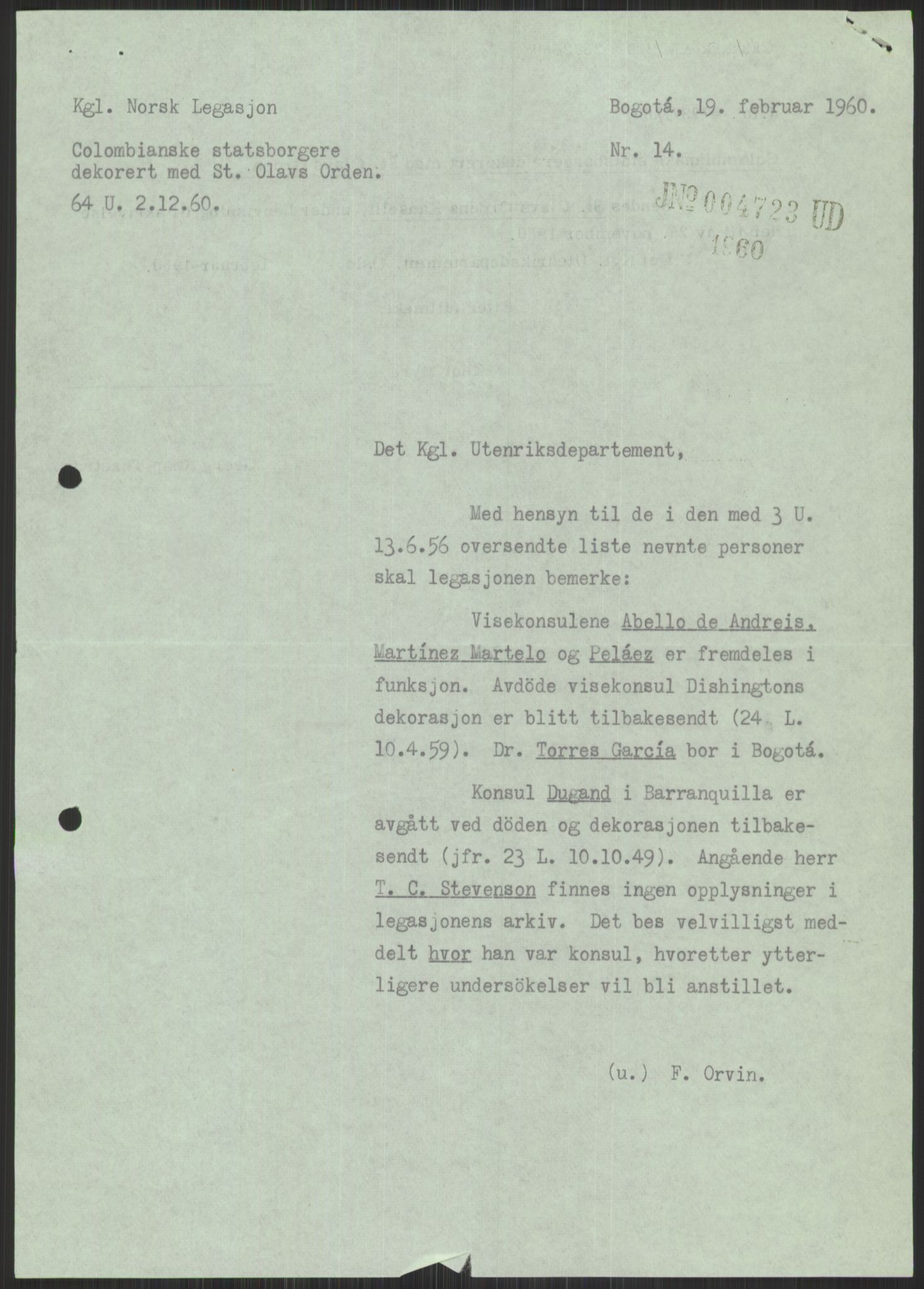 Utenriksdepartementet, hovedarkiv, AV/RA-S-6794/D/Da/Daa/L0537: Ordensvesen. Fremmede lands ordener, medaljer og hederstegn. Hjemsendelse av norske ordener etter utlendinger, 1954-1969, s. 401