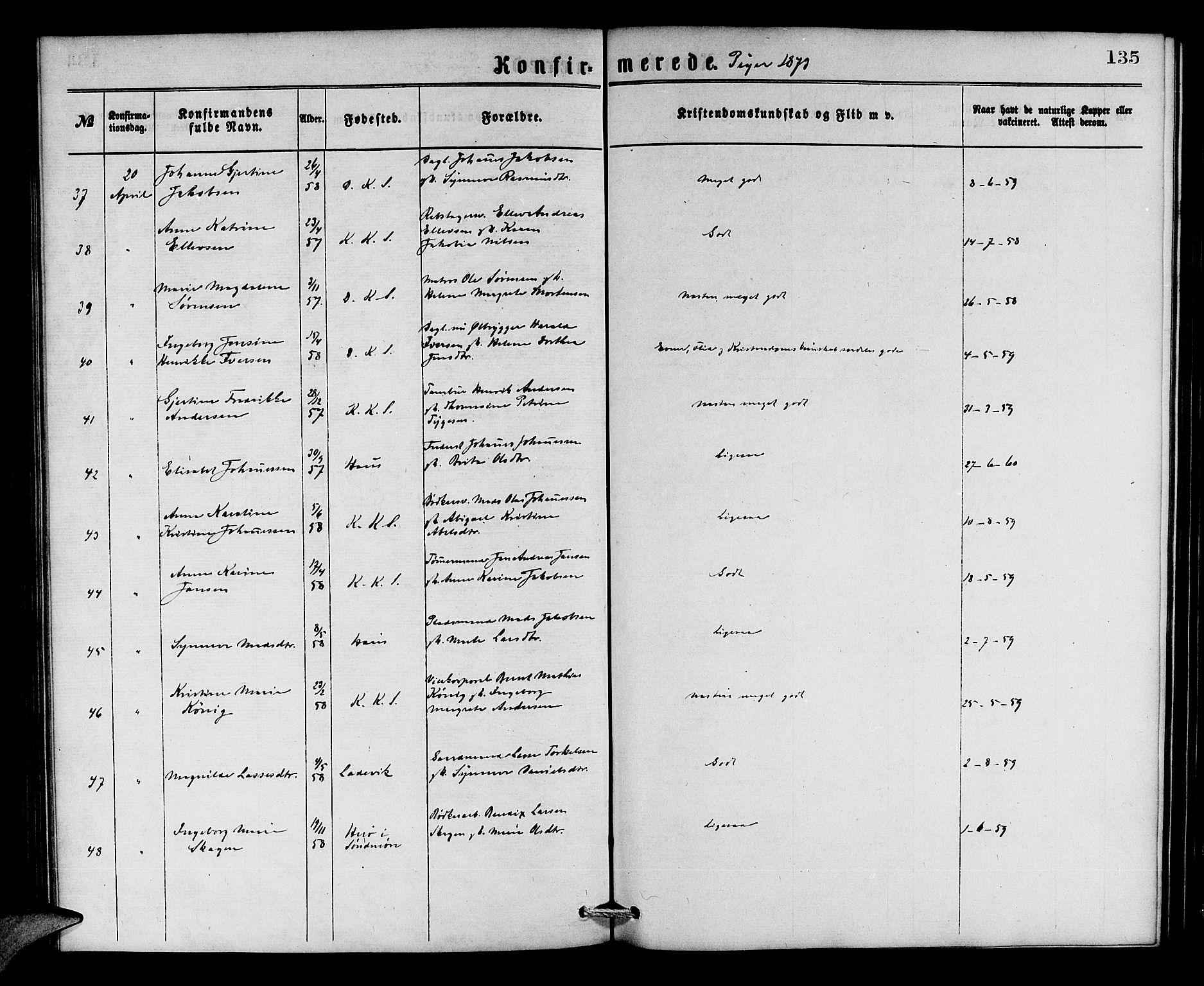 Korskirken sokneprestembete, AV/SAB-A-76101/H/Hab: Klokkerbok nr. C 2, 1869-1879, s. 135