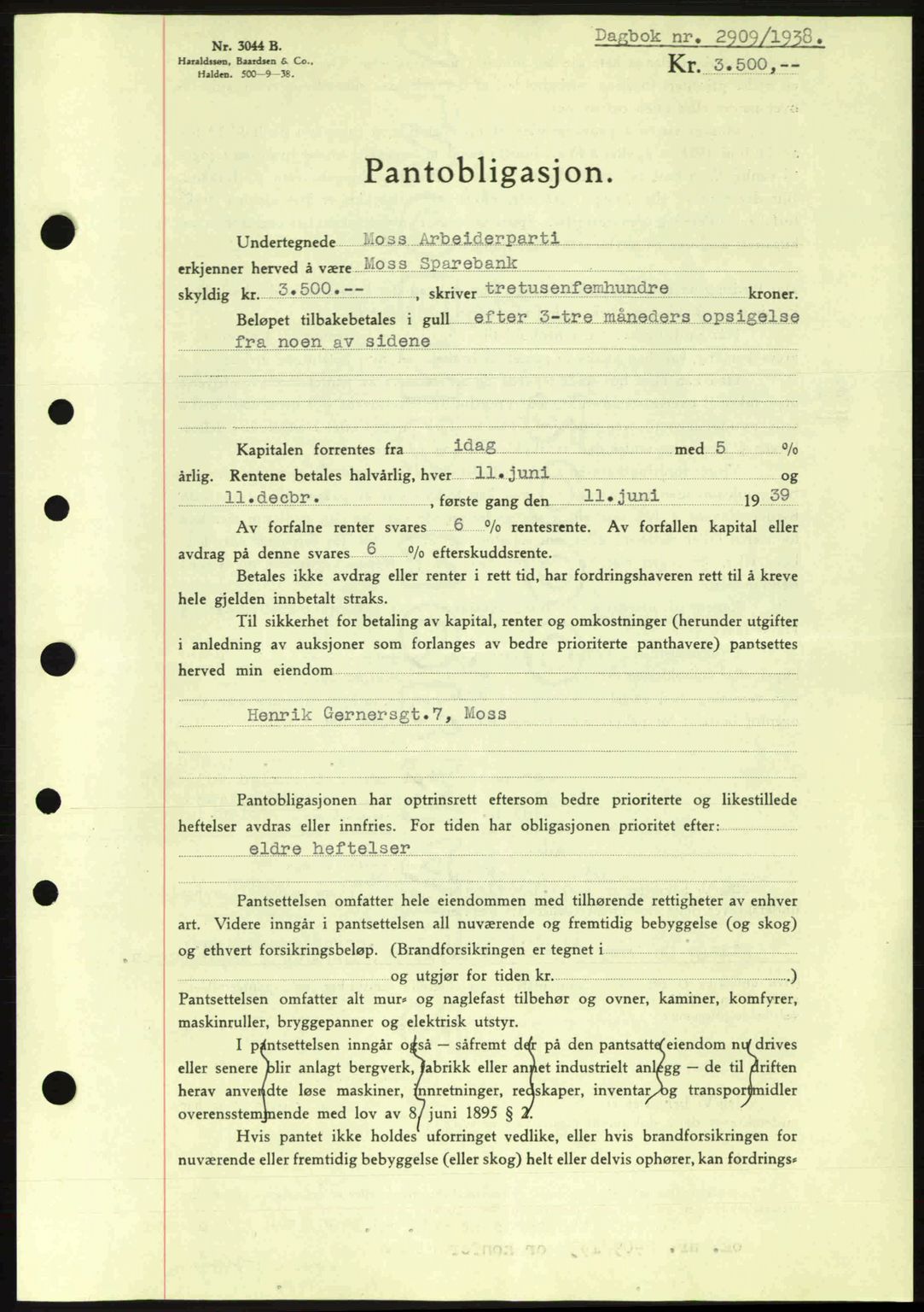 Moss sorenskriveri, SAO/A-10168: Pantebok nr. B6, 1938-1938, Dagboknr: 2909/1938