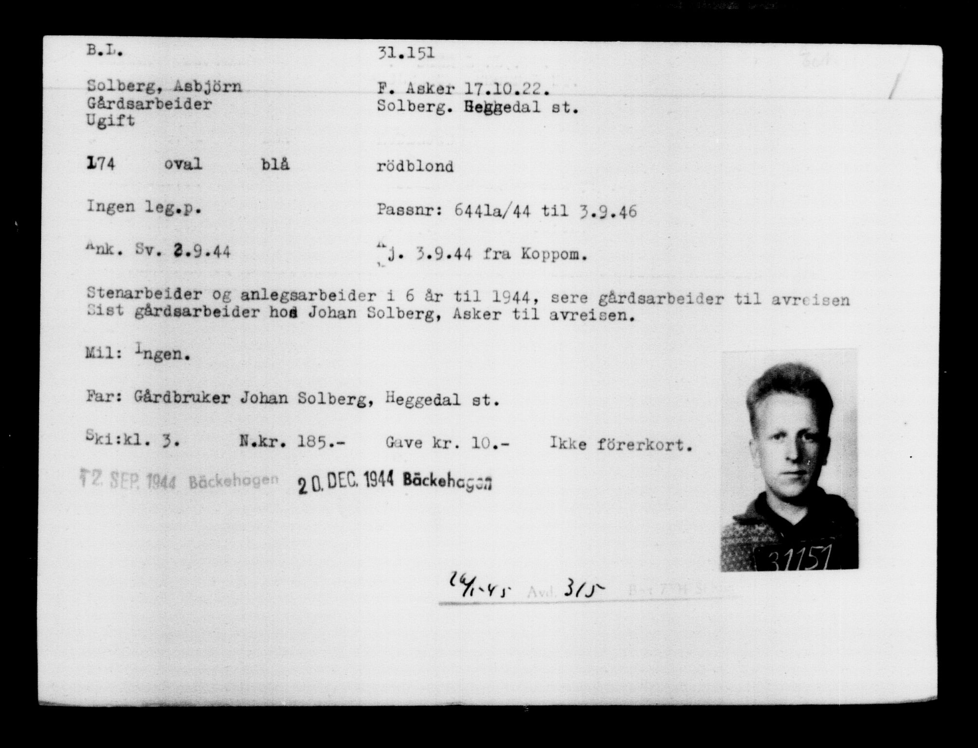 Utenriksstasjonene, Legasjonen i Stockholm, Flyktningkontoret, AV/RA-S-6753/V/Va/L0012: Kjesäterkartoteket, flyktninger med registreringsnr. 28300-31566, 1940-1945, s. 3089