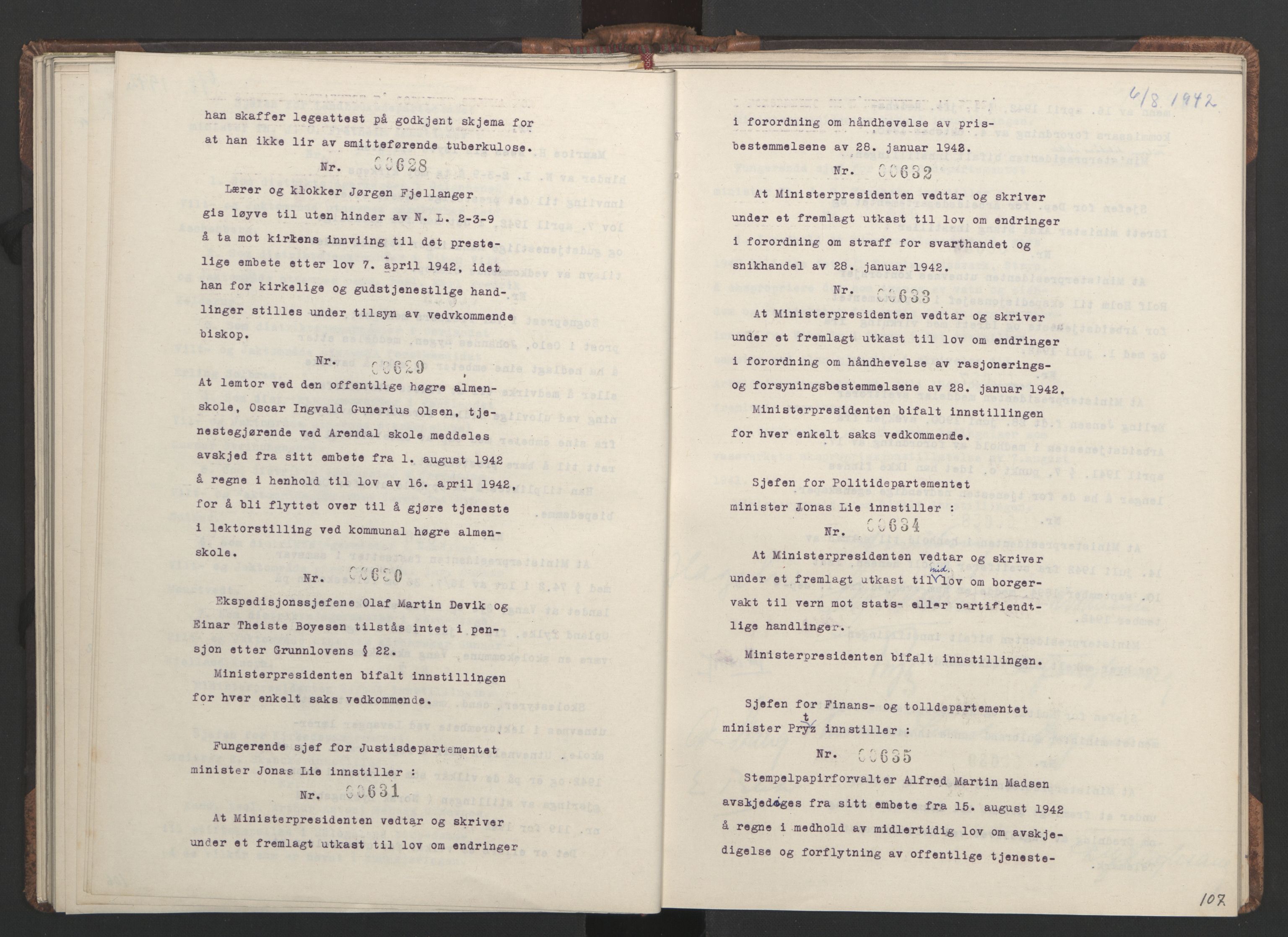 NS-administrasjonen 1940-1945 (Statsrådsekretariatet, de kommisariske statsråder mm), AV/RA-S-4279/D/Da/L0001: Beslutninger og tillegg (1-952 og 1-32), 1942, s. 110