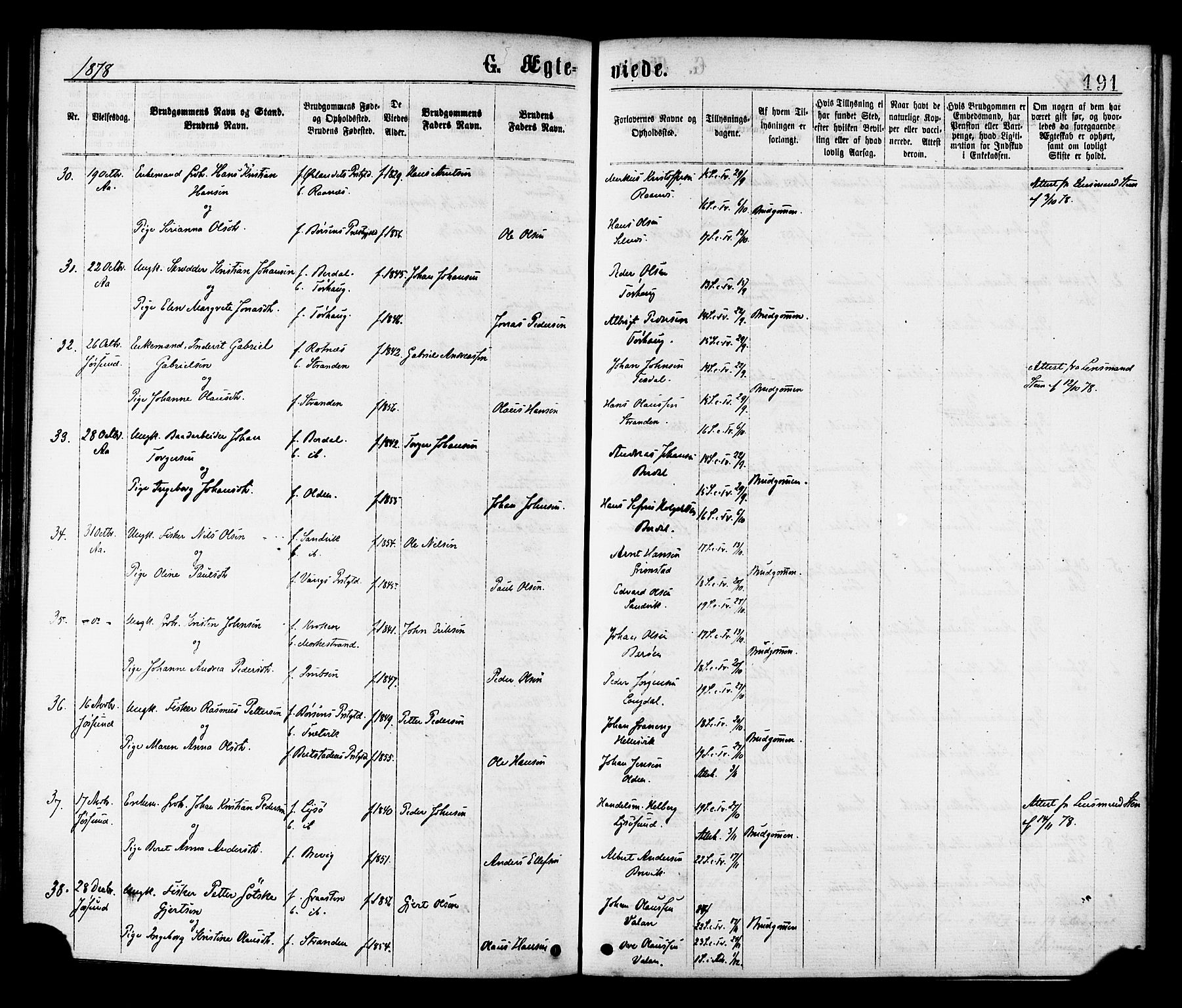 Ministerialprotokoller, klokkerbøker og fødselsregistre - Sør-Trøndelag, SAT/A-1456/655/L0679: Ministerialbok nr. 655A08, 1873-1879, s. 191