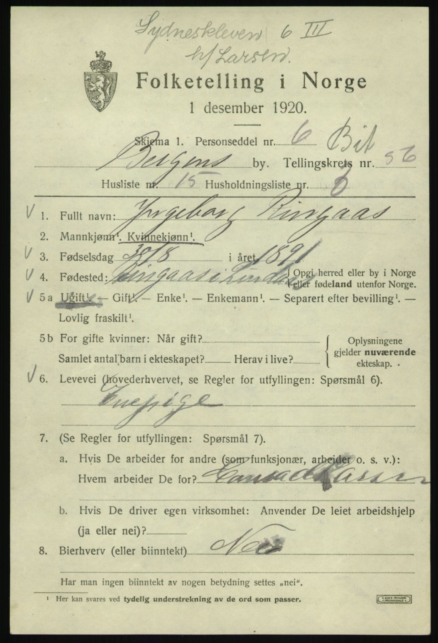 SAB, Folketelling 1920 for 1301 Bergen kjøpstad, 1920, s. 125344