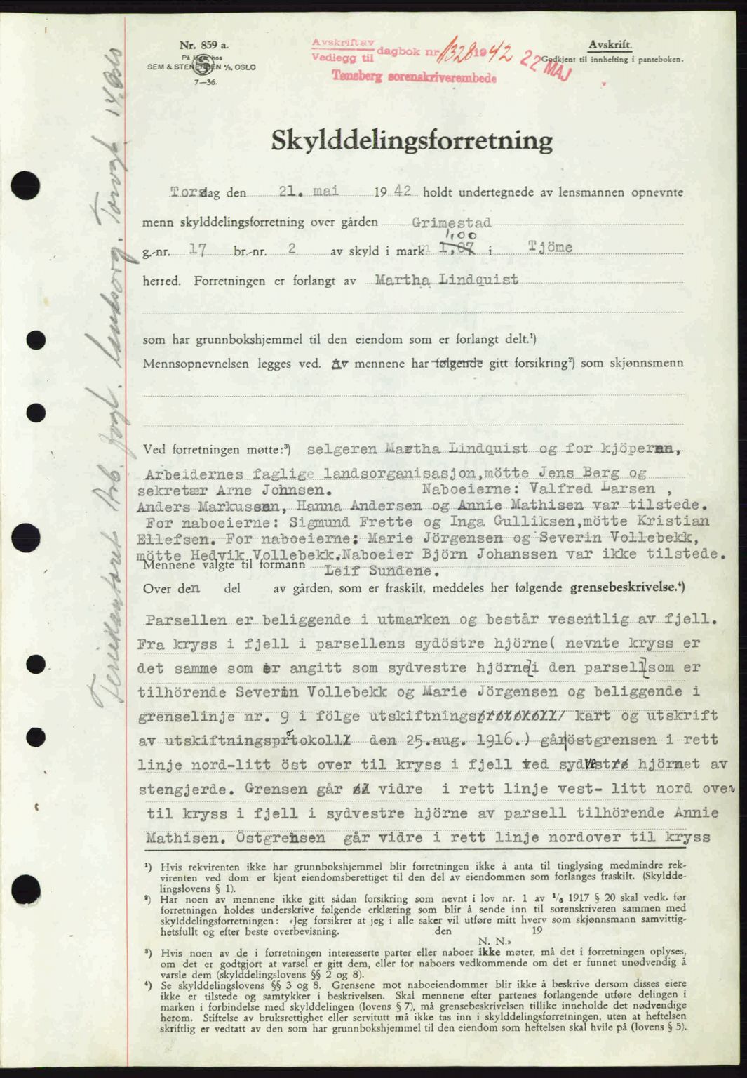 Tønsberg sorenskriveri, AV/SAKO-A-130/G/Ga/Gaa/L0011: Pantebok nr. A11, 1941-1942, Dagboknr: 1328/1942