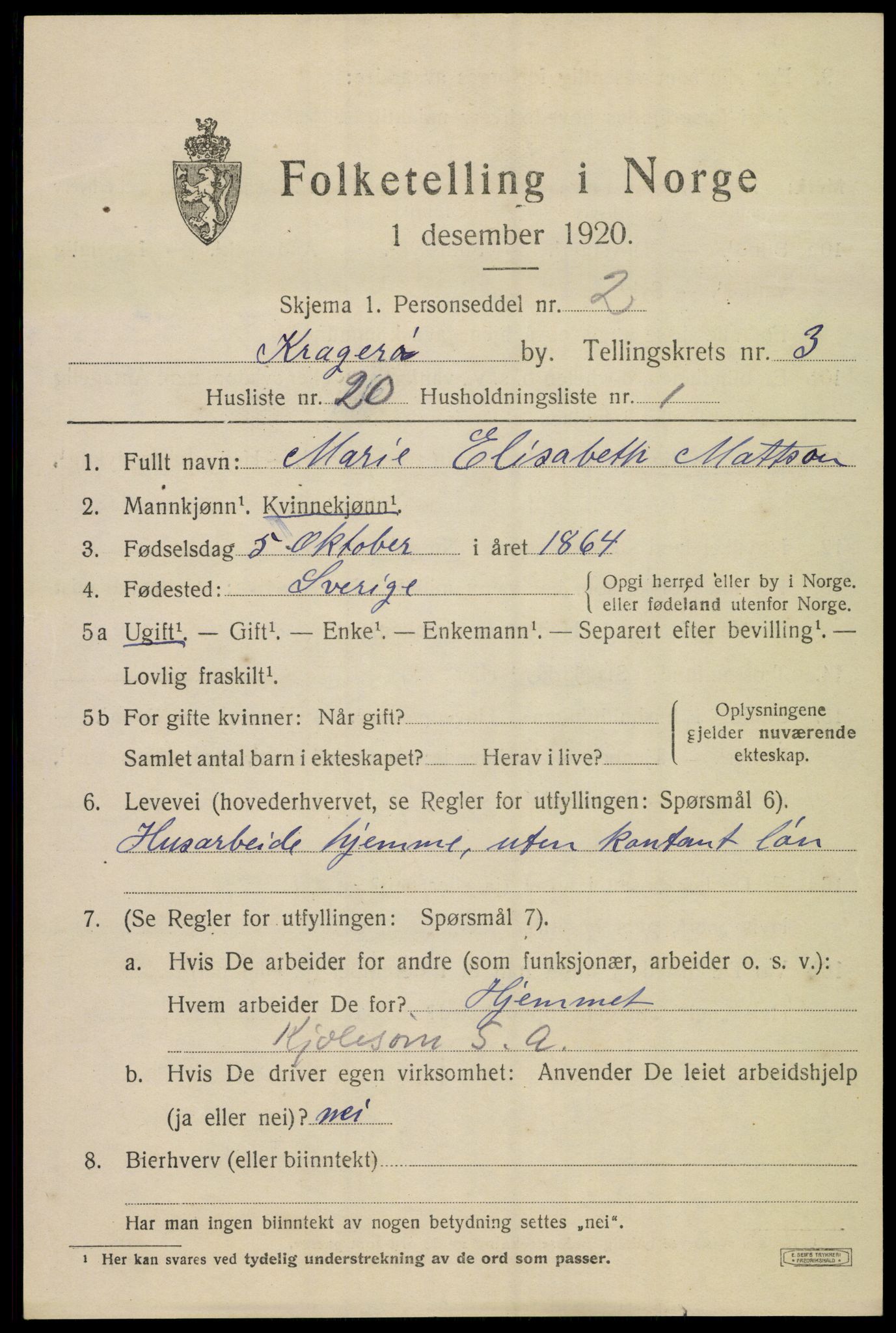 SAKO, Folketelling 1920 for 0801 Kragerø kjøpstad, 1920, s. 7285