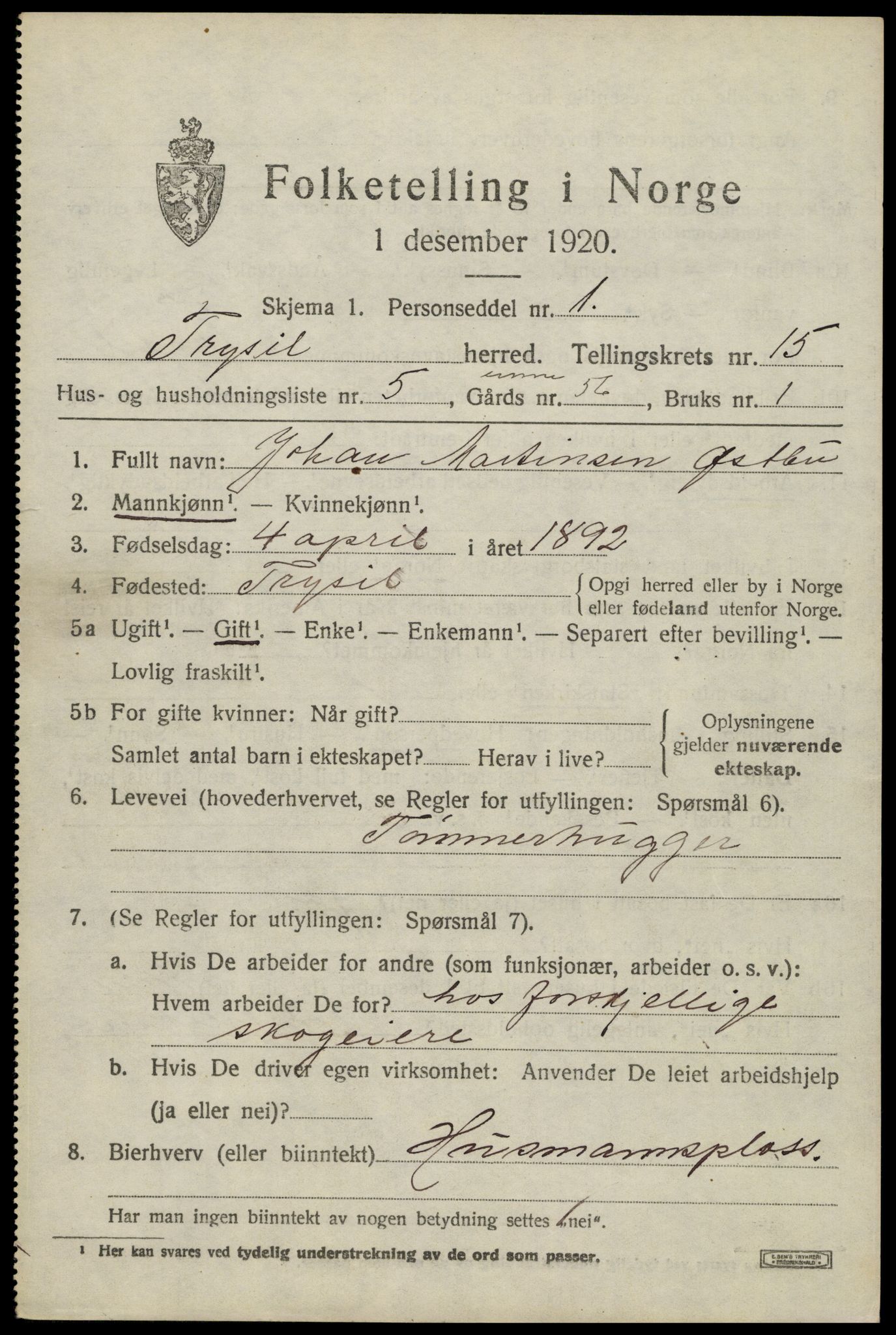 SAH, Folketelling 1920 for 0428 Trysil herred, 1920, s. 8833