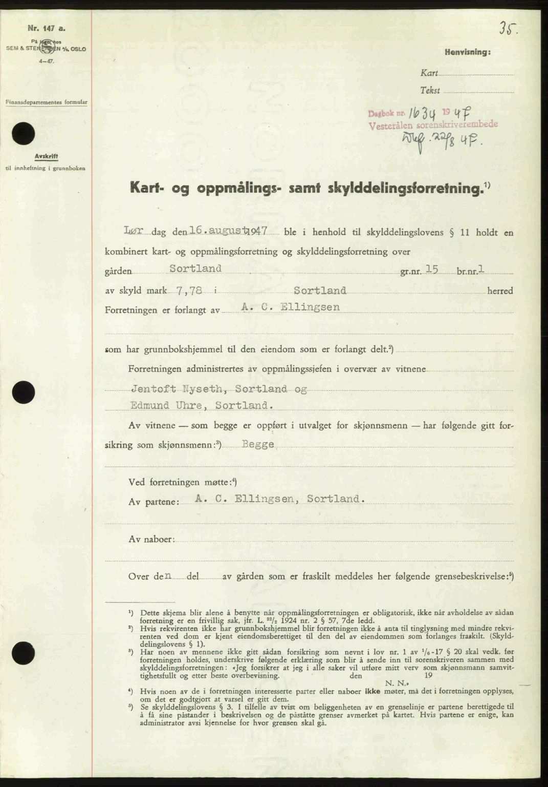 Vesterålen sorenskriveri, SAT/A-4180/1/2/2Ca: Pantebok nr. A21, 1947-1947, Dagboknr: 1634/1947