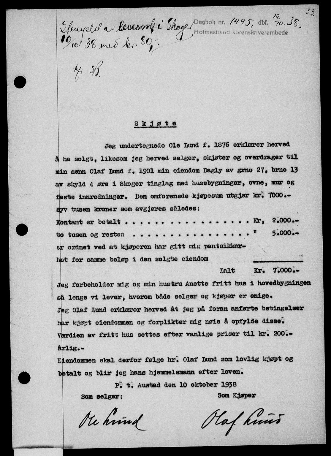 Holmestrand sorenskriveri, SAKO/A-67/G/Ga/Gaa/L0050: Pantebok nr. A-50, 1938-1939, Dagboknr: 1495/1938