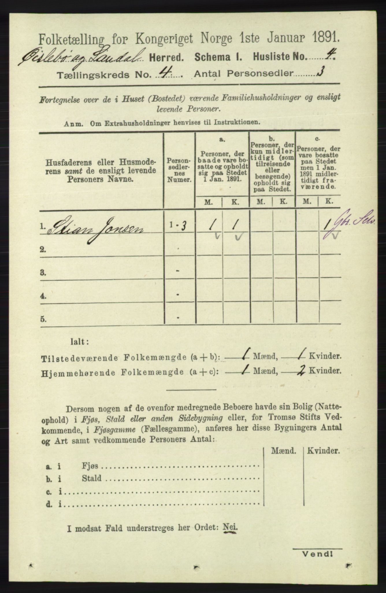 RA, Folketelling 1891 for 1021 Øyslebø og Laudal herred, 1891, s. 954