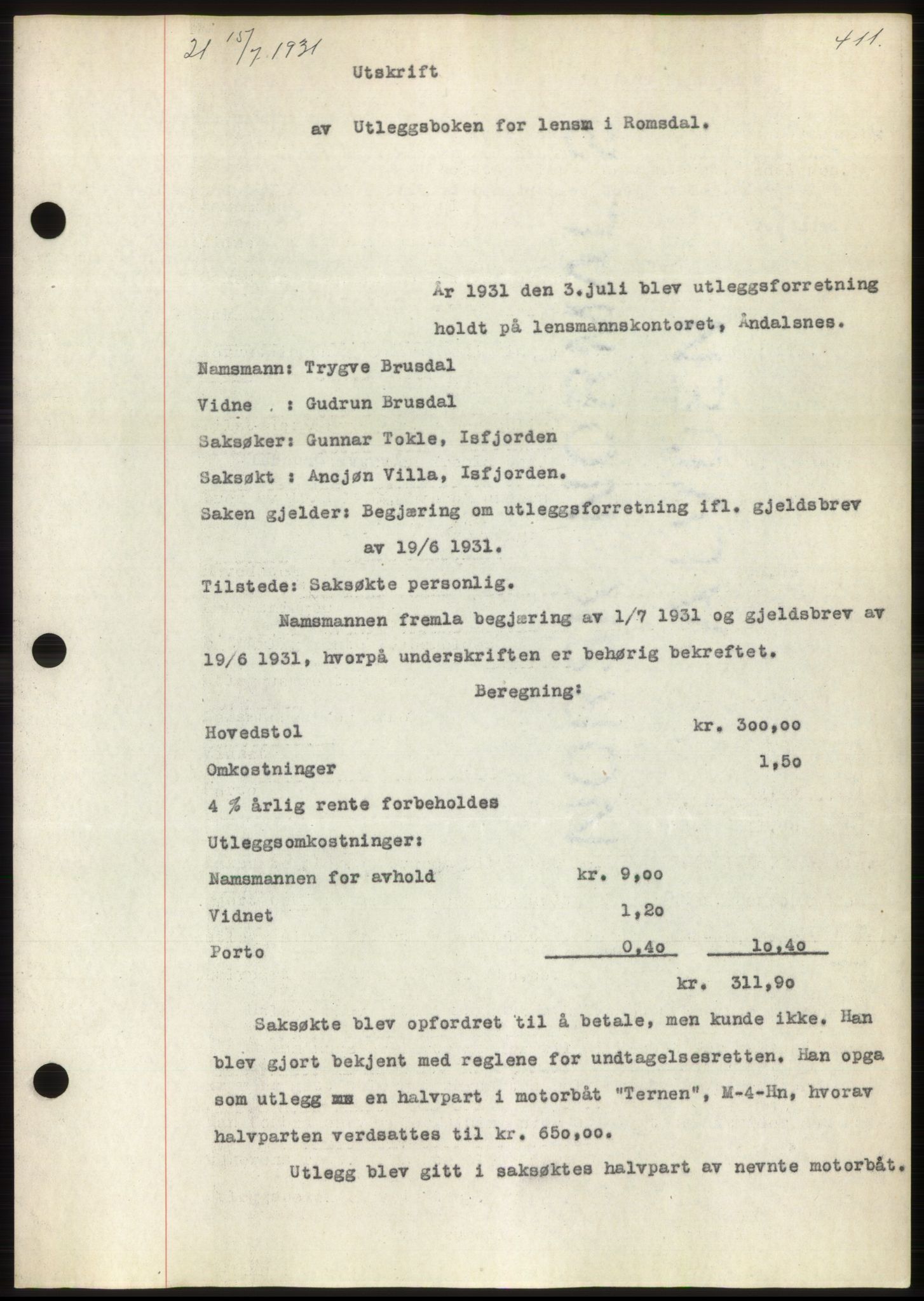 Romsdal sorenskriveri, SAT/A-4149/1/2/2C/L0059: Pantebok nr. 53, 1931-1931, Tingl.dato: 15.07.1931