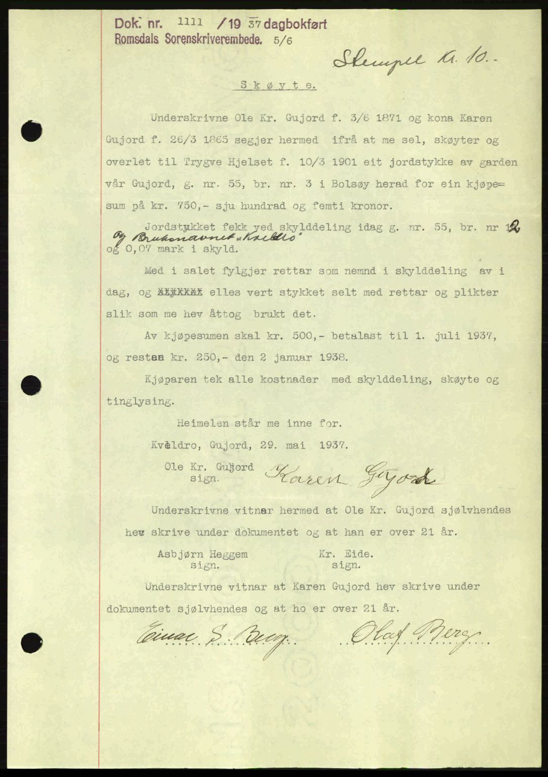 Romsdal sorenskriveri, SAT/A-4149/1/2/2C: Pantebok nr. A3, 1937-1937, Dagboknr: 1111/1937