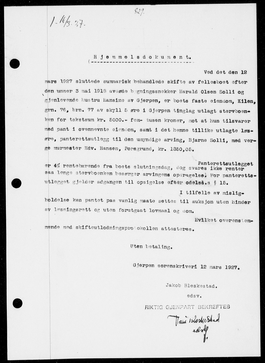 Gjerpen sorenskriveri, SAKO/A-216/G/Ga/Gaa/L0048: Pantebok nr. I 48 og 50-51, 1926-1928, Tingl.dato: 16.03.1927