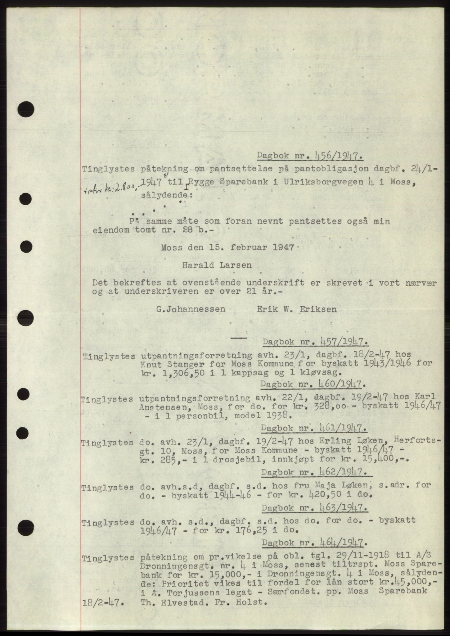 Moss sorenskriveri, SAO/A-10168: Pantebok nr. C10, 1938-1950, Dagboknr: 456/1947